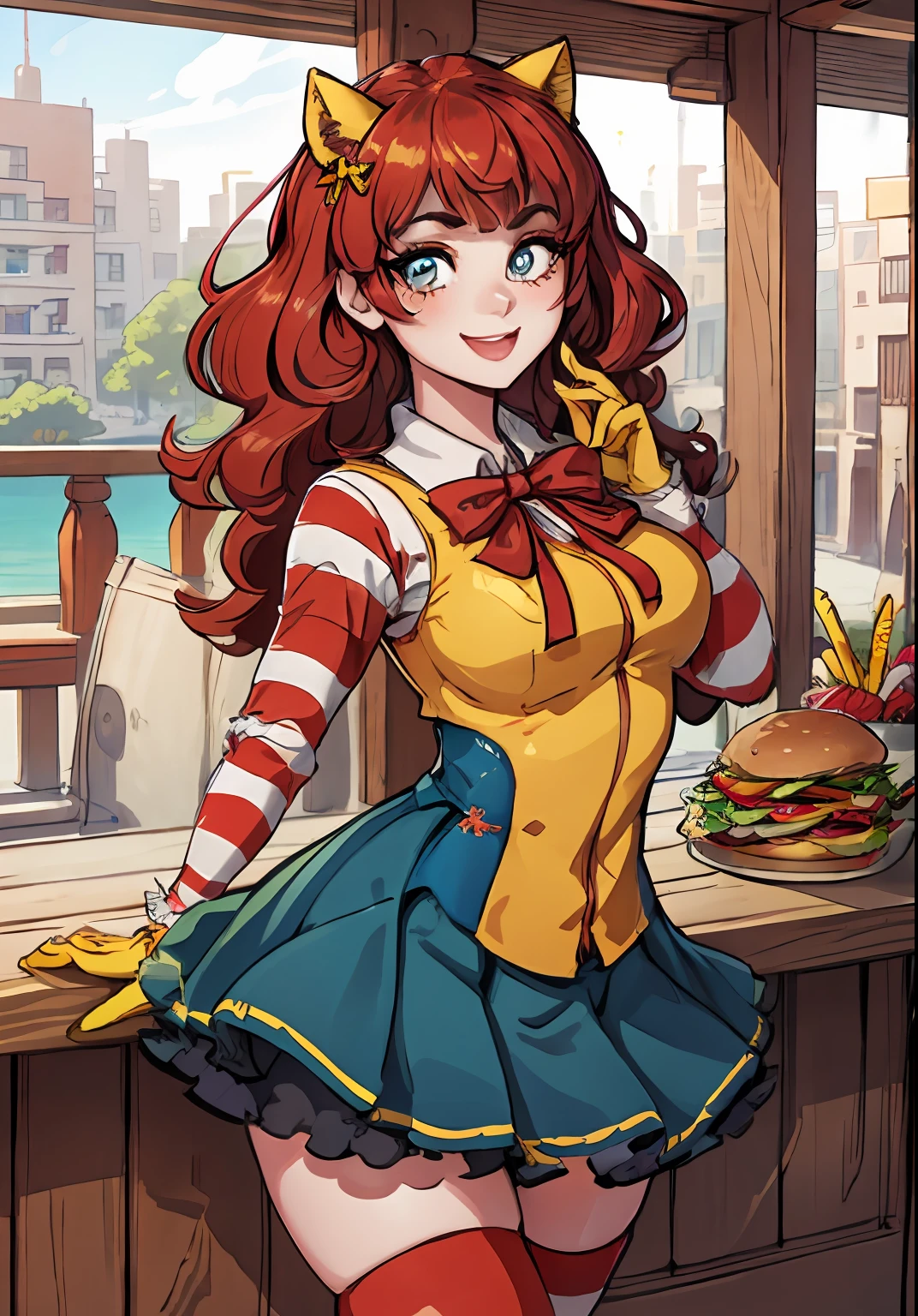 （Chen Xudong：1），astonishment，adolable，Cute pose，looking at viewert，thick thight，（Yellow gloves，striped thighhighs，Striped sleeves），1girll，ssmile，Exquisite facial features，Burger in hand，
（realisticlying：1.2）， （hentail realism）， （tmasterpiece：1.2）， （best qualtiy）， （Hyper-detailing）， （8K， 4K， 复杂）， （full body shot of：1），（cowboy lens：1.2）， （85mm）， light particules， illuminating， （highly details：1.2）， （Detailed face：1.2）， （Gradient）， sfv， a color，（Detailed eyes：1.2），
（Detailed lady view，restaurant：1.2），（detailedbackground），detailed scenic view，（dynamic angle：1.2），（dynamicposes：1.2），（Action lines：1.2），wide wide shot，rays of sunshine，独奏，