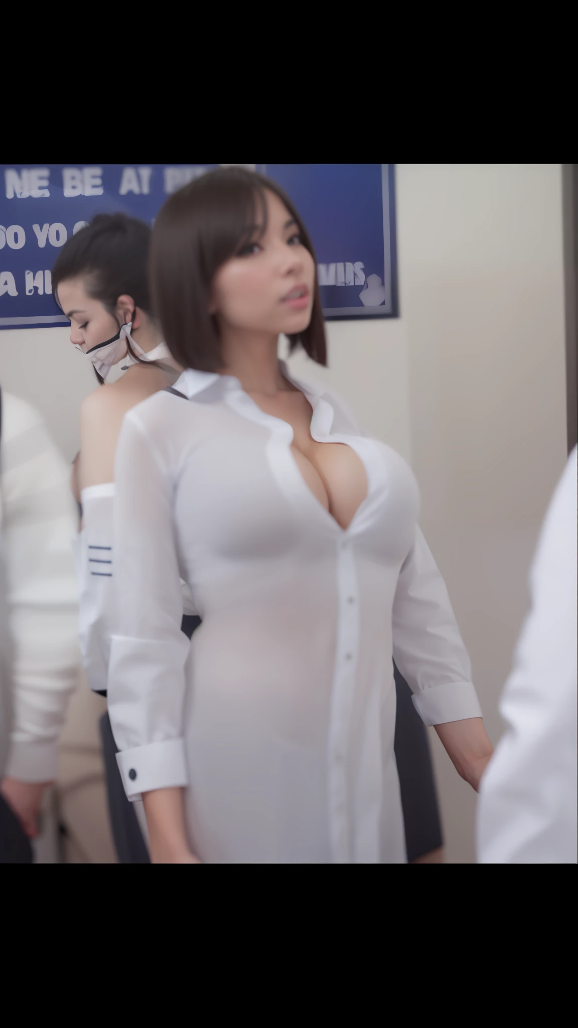 A sexy girl with big breasts wearing a bra