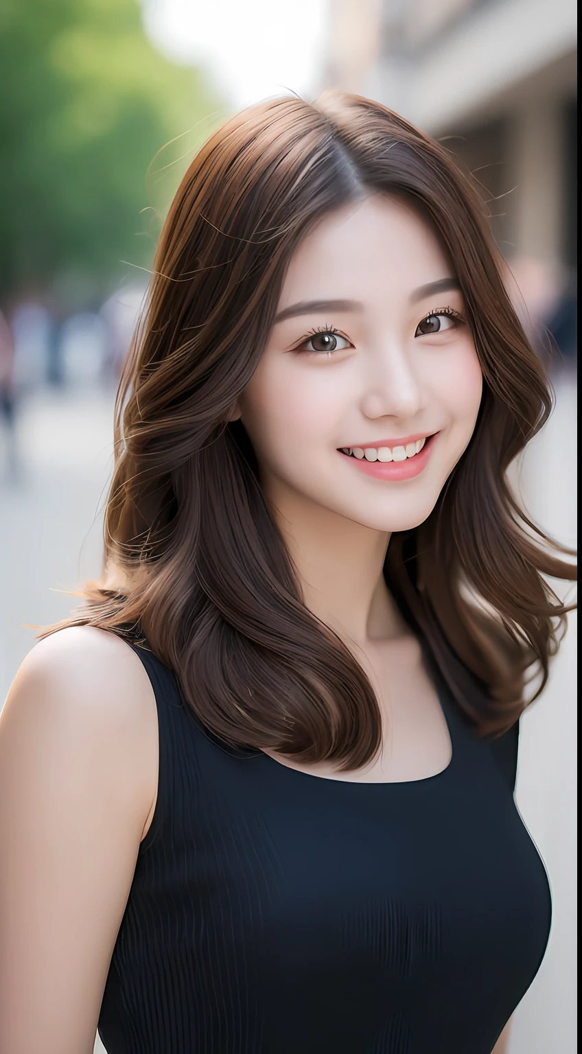 ((Best quality, 8k, Masterpiece :1.3)), 1girl, smiling, full body, slim face, Pretty woman, (Dark brown hair), full length dress :1.1, Ultra-detailed face, Detailed eyes, Double eyelid, blur background, slim face, city, outside, street,