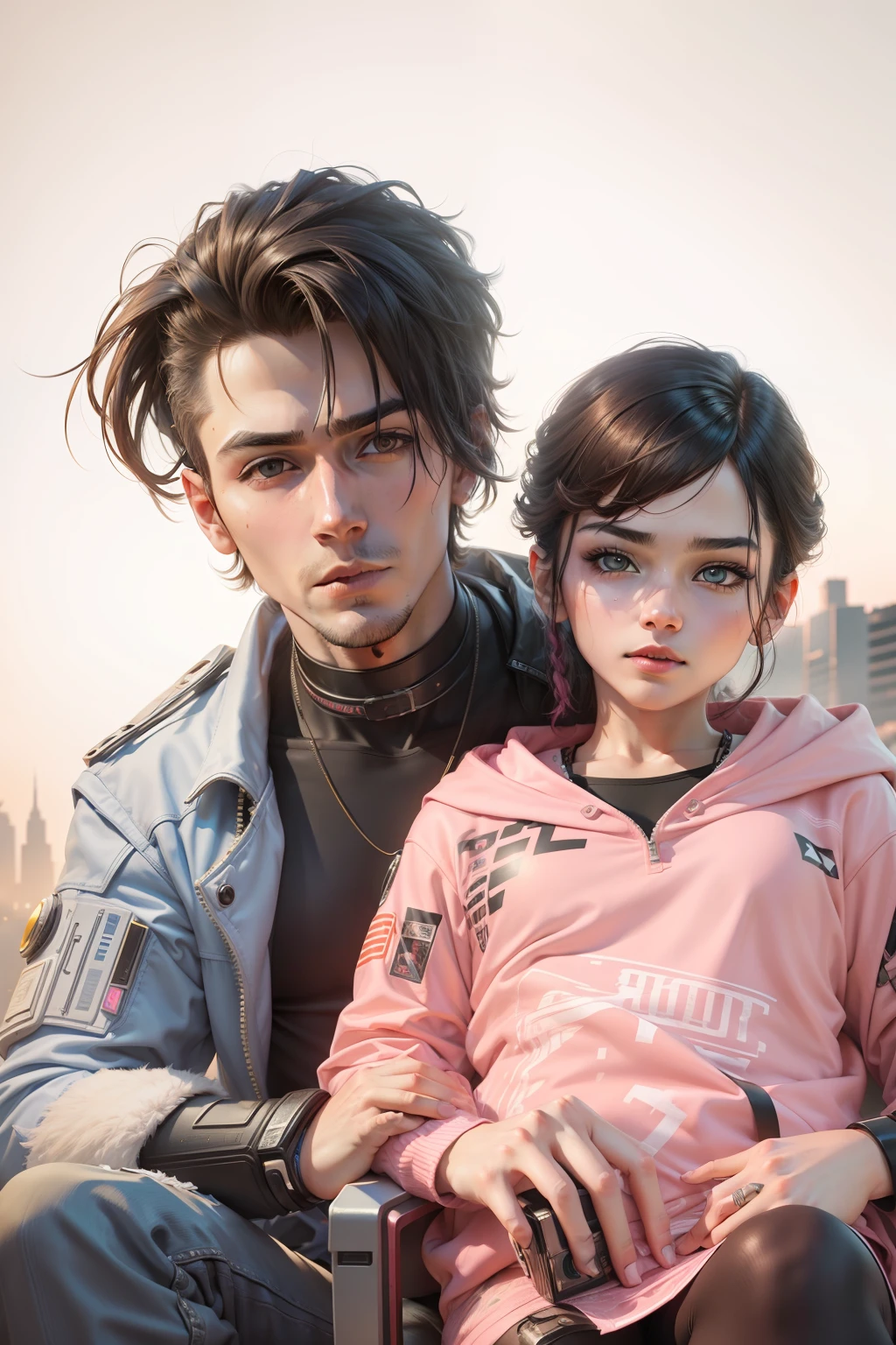 Background change cyberpunk handsome boy and girl ultra realistic face