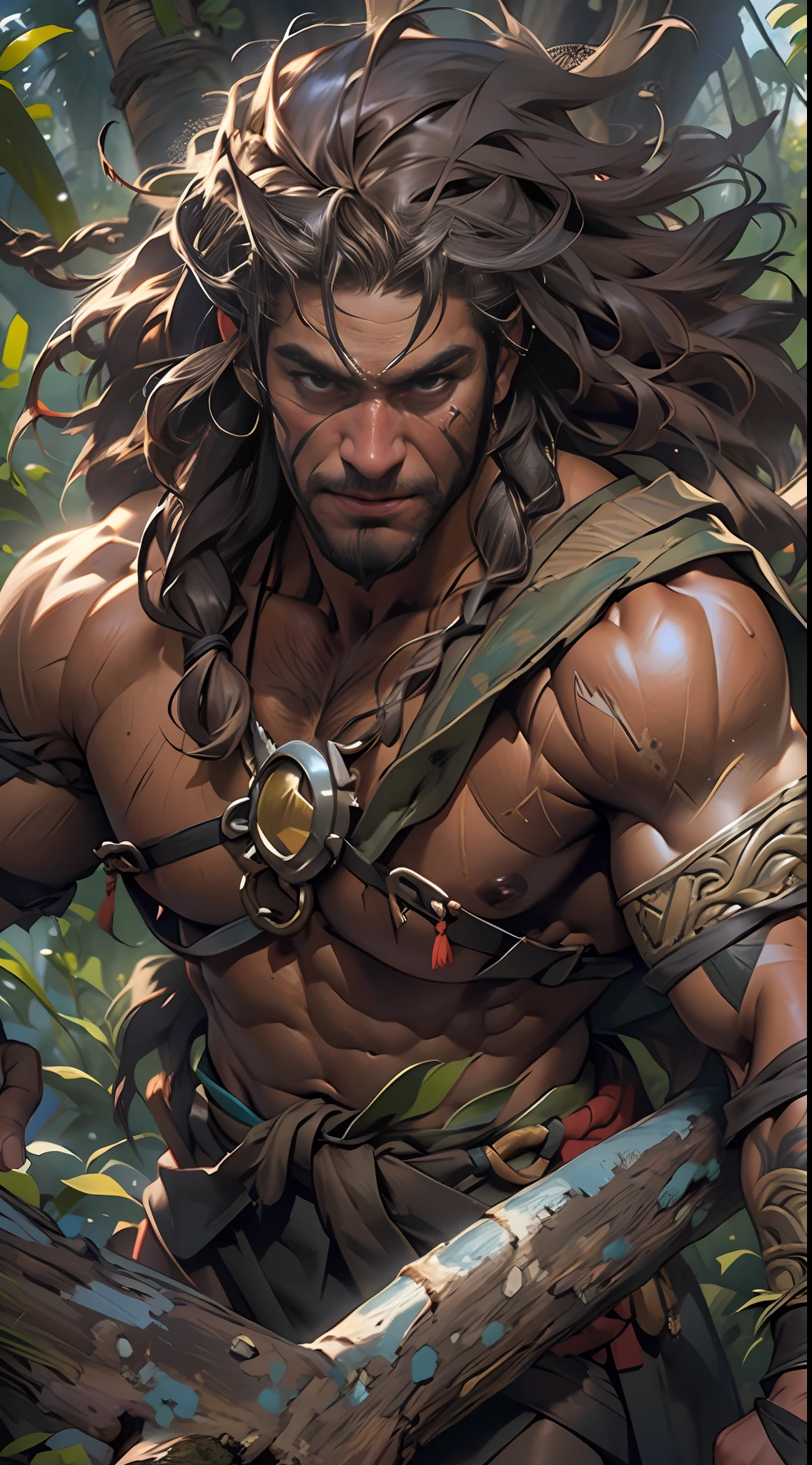 Muscular barbarian, partially upper body, lower body uncovered from thighs to feet,, long flowing curls, intricate muscular details, photorealistic artwork, 4K quality. Background: Dense jungle with ancient ruins,32k uhd, best quality, masterpiece, super detail, high details