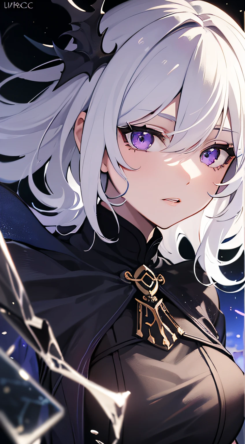 (masterpiece, best quality, ultra-detailed, best shadow), (detailed background,dark fantasy), (beautiful detailed face), high contrast, (best illumination, an extremely delicate and beautiful), ((cinematic light)), colorful, hyper detail, dramatic light, intricate details, (1girl, solo,white hair, sharp face,purple eyes, hair between eyes,dynamic angle), blood splatter, swirling black light around the character, depth of field,black light particles,(broken glass),magic circle,