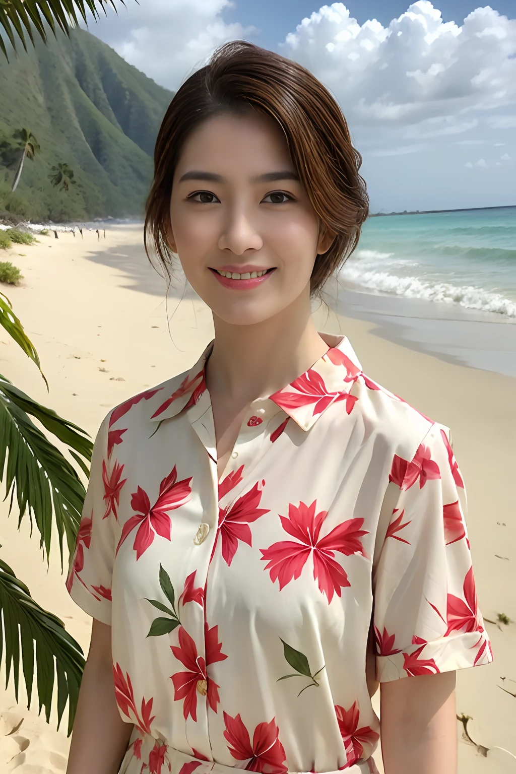 top-quality、masterpiece、超A high resolution、1人、Shorthair、Hibiscus Print Aloha Shirt、Being on the beach(put hibiscus on the right side of the head,)