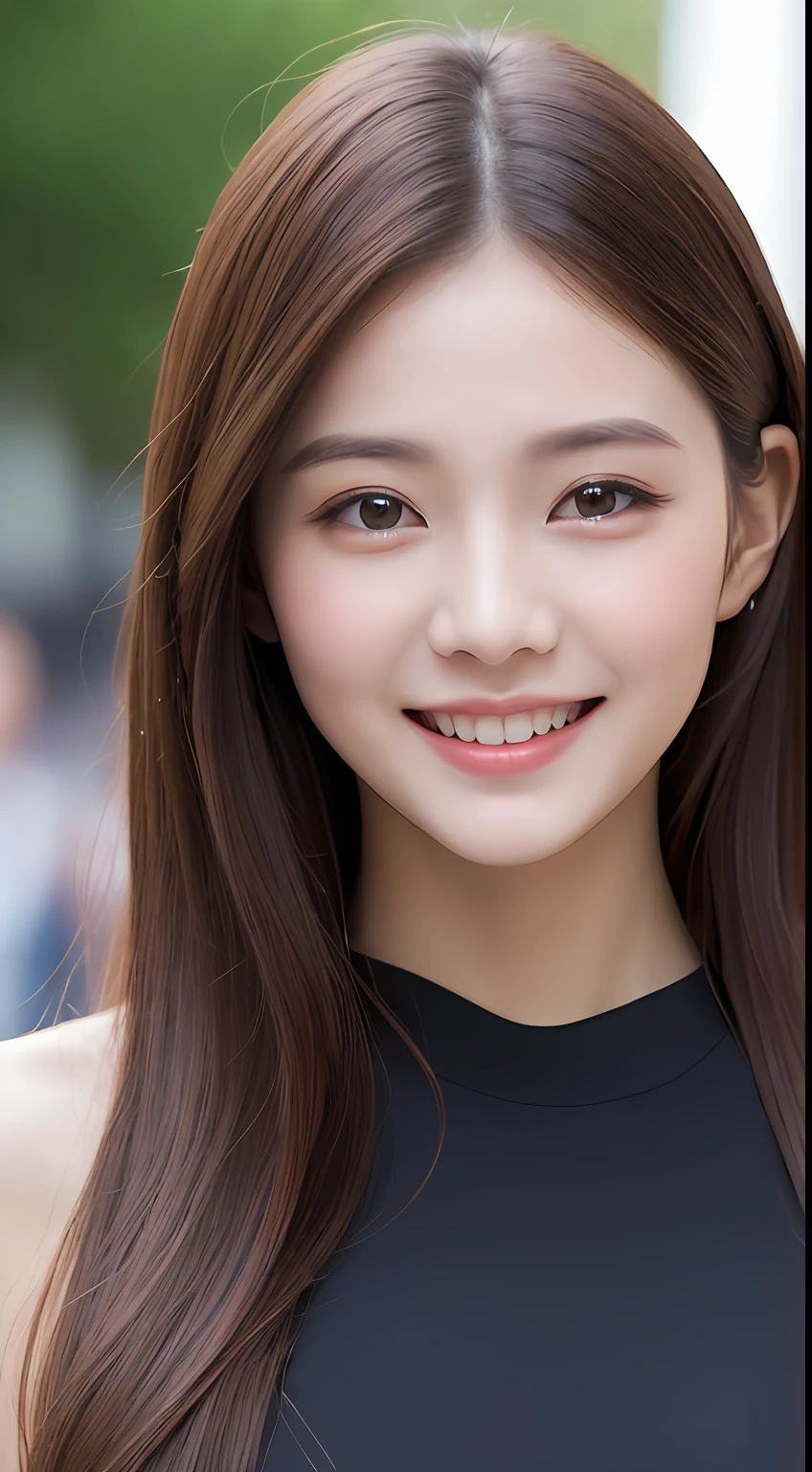 ((Best quality, 8k, Masterpiece :1.3)), 1girl, smiling, full body, slim face, Pretty woman, (Dark brown hair), full length dress :1.1, Ultra-detailed face, Detailed eyes, Double eyelid, blur background, slim face, city, outside, street,