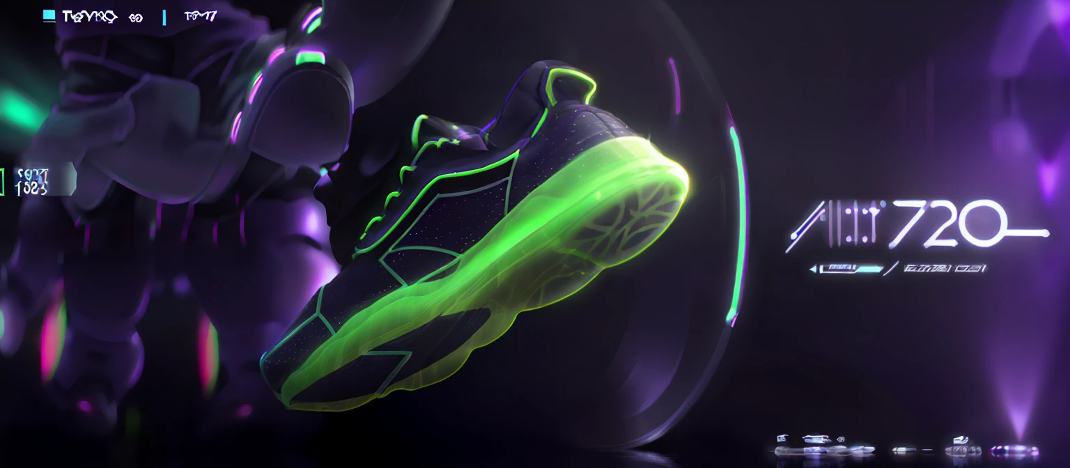 Close up of shoes in glass bowl on purple background, inflatable future shoes, futuristic sneakers, c 4 d ", neonlight, Cytoplasm", glowing swirling mist, inspired by Mike Winkelmann, Renders, fluo details, photorender, ultra render, sneaker photo, neon glowing, ultra render, whirly, neon motion, environmental shot