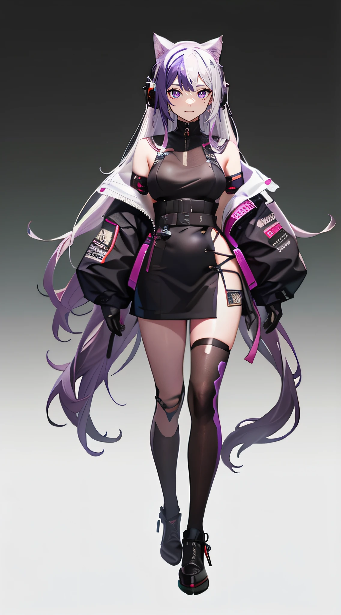 white backgrounid, Frontal photo, Bust photo, Striped hair, Purple hair, hair over shoulders, widow peak, one side up, Hairpin, sunglasses, Earphone, musical note hair ornament, Moles under eyes, mismatched pupils, pupils sparkling, Cat ears, Smile, The clothes ar:Avant-garde, Avant-garde, experiment, tachi-e, Negative space, in a panoramic view, hyper HD, retinas, Masterpiece, ccurate, Anatomically correct, Textured skin, Super detail, High details, High quality, Award-Awarded, Best quality, A high resolution, 8K
