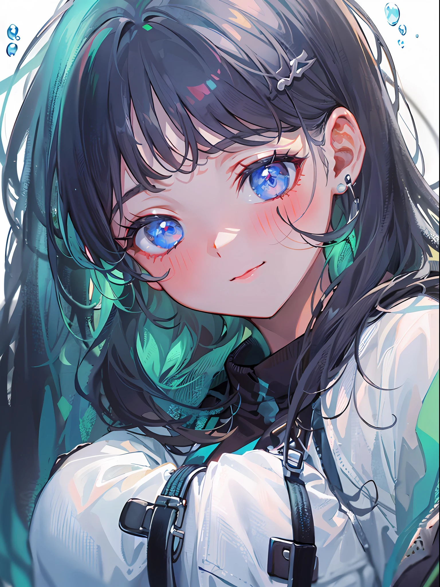 ((top-quality)), ((​masterpiece)), ((ultra-detailliert)), (extremely delicate and beautiful), girl with, 独奏, cold attitude,((Black jacket)),She is very(relax)with  the(Settled down)Looks,A dark-haired, depth of fields,evil smile,Bubble, under the water, Air bubble,bright light blue eyes,Inner color with black hair and light blue tips,Cold background,Bob Hair - Linear Art, shortpants、knee high socks、White uniform like school uniform、Light blue ribbon ties、Clothes are sheer、Hands in pockets