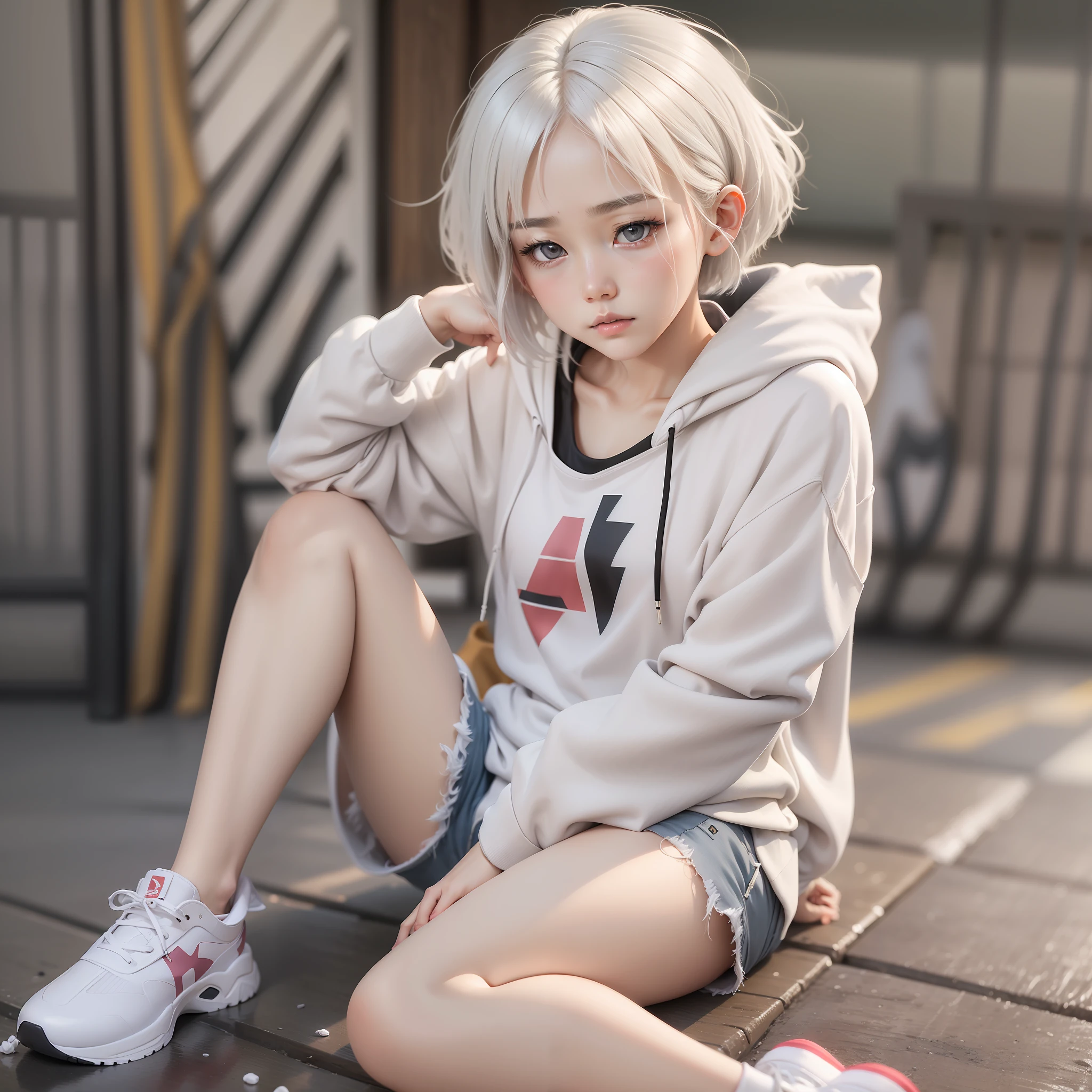 girl, beautiful, korean face, short shoulder length hair, white hair, wearing a white hoodie, shorts, sad face. sitting on the floor, realisctic 4k hd