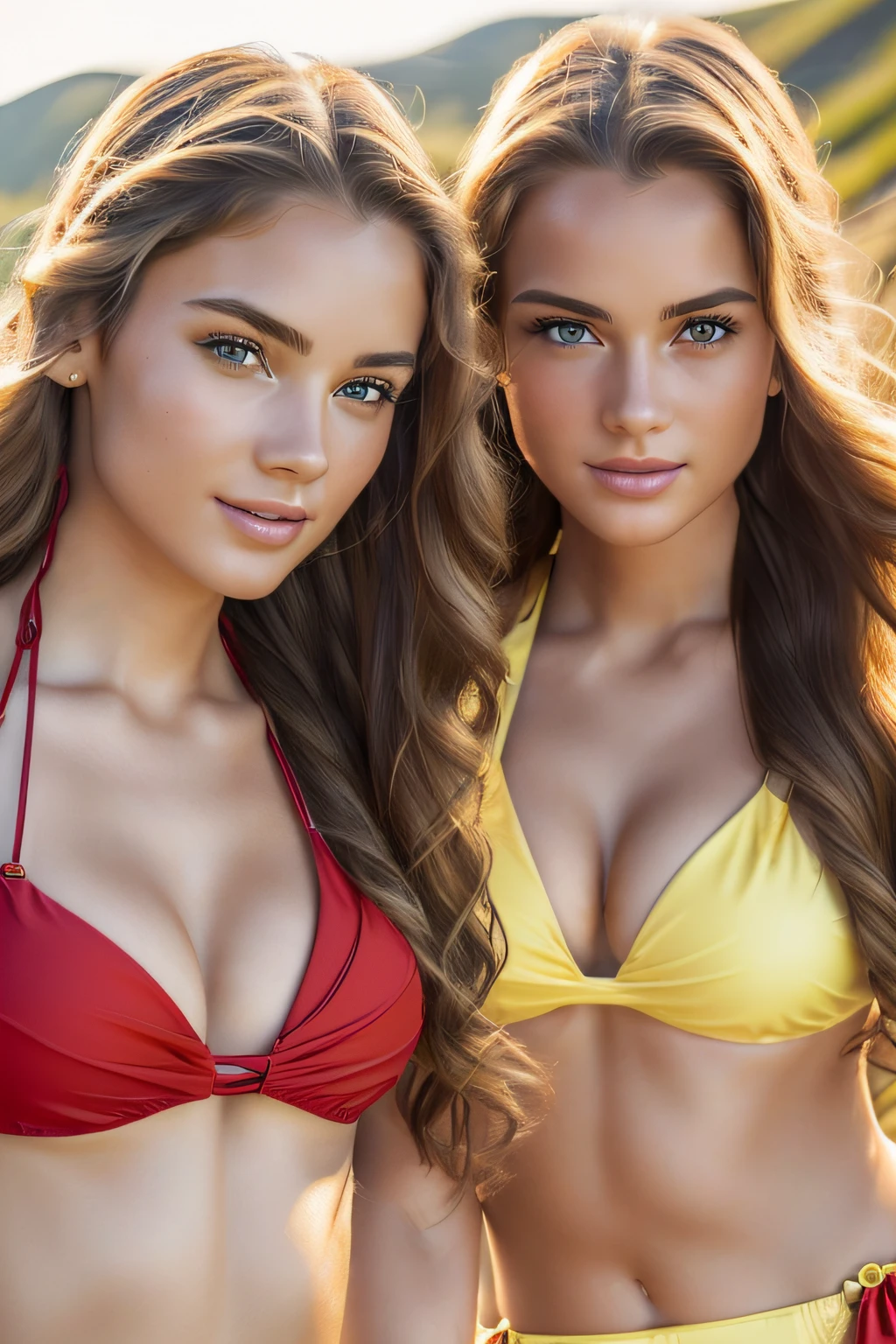 2girls, ((masterpiece、top-quality、ultra-definition、hight resolution))、4K picture quality、((Beautuful Women))、22year old、wetted skin、radiant eyes、perfect eyes、((Beautiful Nordic sisters))、Golden Theme,(maikurobikini:1.4),the beach,Background crowd、((red swim wear))、((Long Wave Hair))、((facial close-up))、