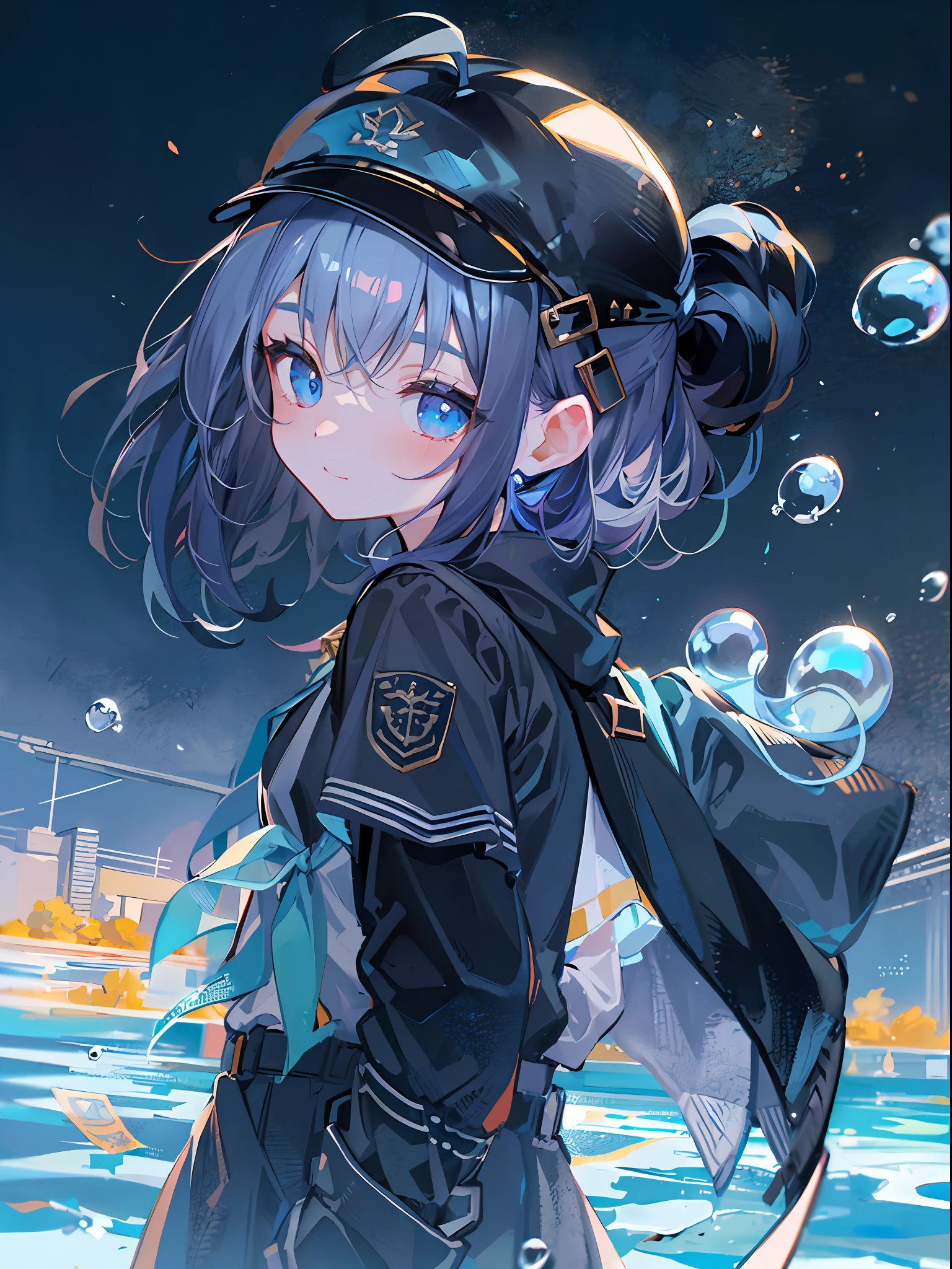 ((top-quality)), ((masterpiece)), ((ultra-detailliert)), (extremely delicate and beautiful), girl with, 独奏, cold attitude,((Black jacket)),She is very(relax)with the(Settled down)Looks,A dark-haired, depth of fields,evil smile,Bubble, under the water, Air bubble,bright light blue eyes,Inner color with black hair and light blue tips,Cold background,Bob Hair - Linear Art, shortpants、knee high socks、White uniform like school uniform、Light blue ribbon ties、Clothes are sheer、Hands in pockets