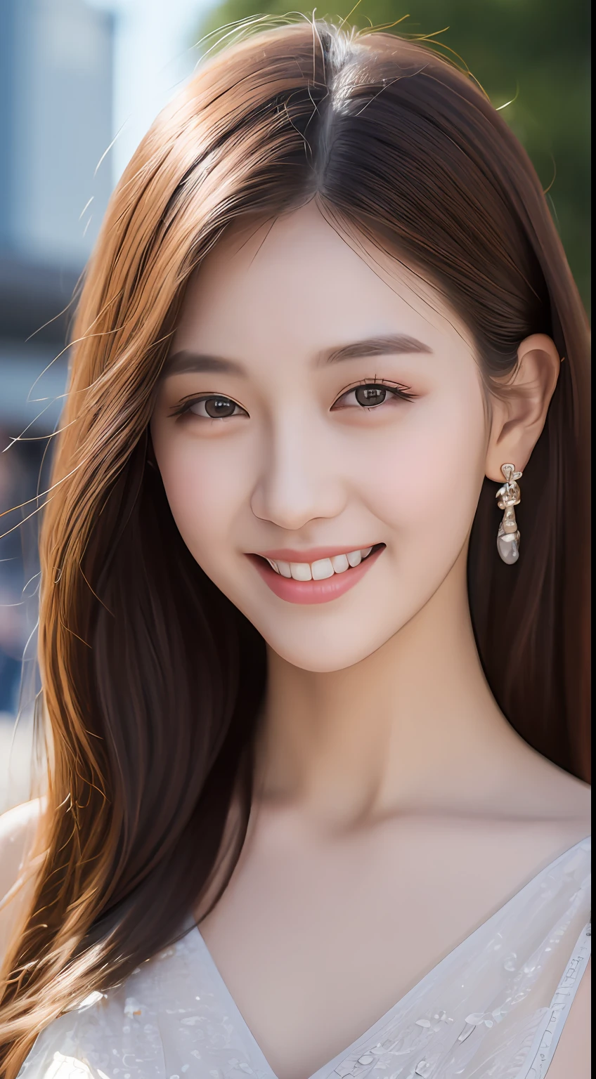 ((Best quality, 8k, Masterpiece :1.3)), 1girl, smiling, full body, slim face, Pretty woman, (Dark brown hair), full length dress :1.1, Ultra-detailed face, Detailed eyes, Double eyelid, blur background, slim face, city, outside, street,