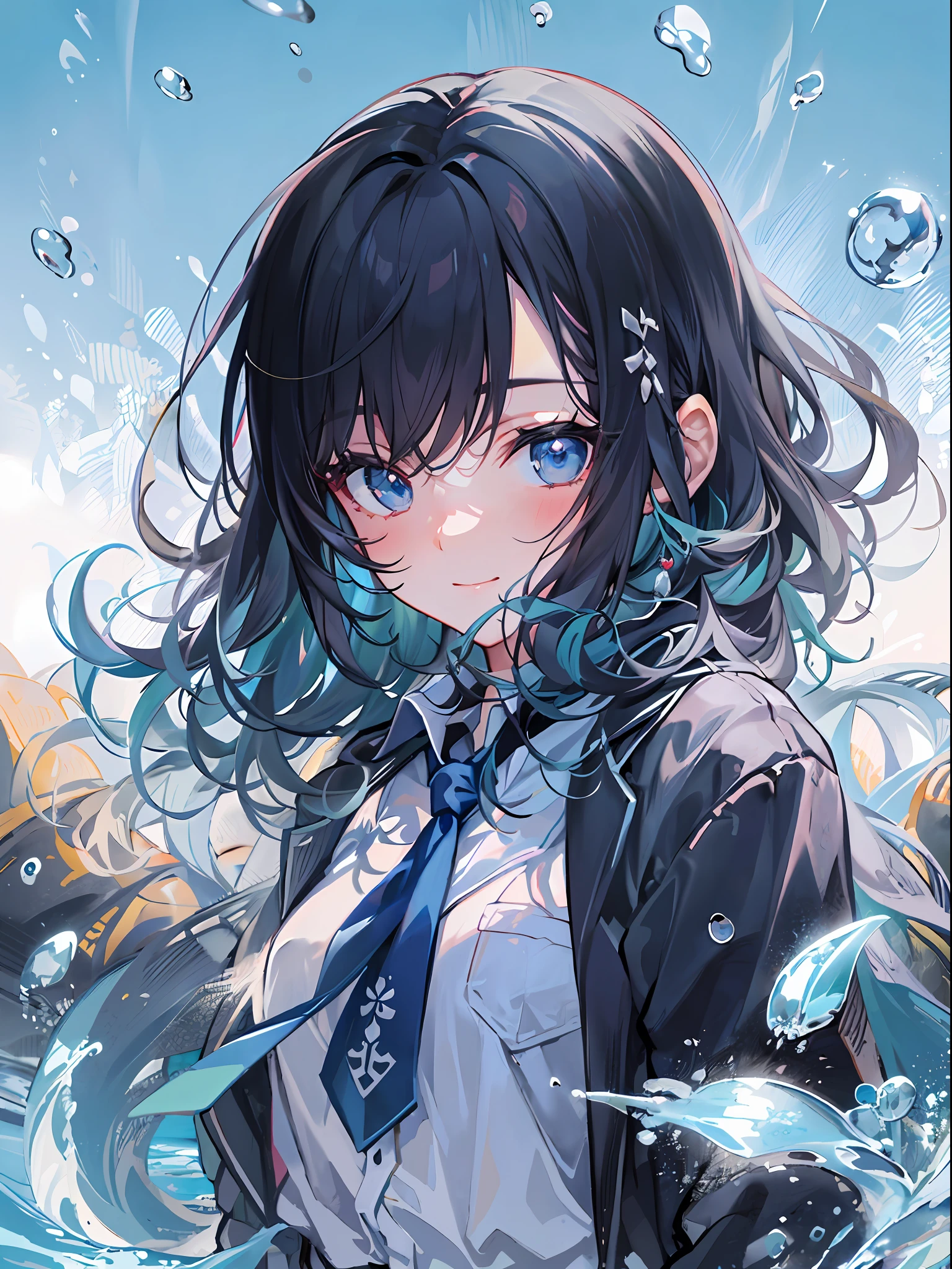 ((top-quality)), ((​masterpiece)), ((ultra-detailliert)), (extremely delicate and beautiful), girl with, 独奏, cold attitude,((Black jacket)),She is very(relax)with  the(Settled down)Looks,A dark-haired, depth of fields,evil smile,Bubble, under the water, Air bubble,bright light blue eyes,Inner color with black hair and light blue tips,Cold background,Bob Hair - Linear Art, shortpants、knee high socks、White uniform like school uniform、Light blue ribbon ties、Clothes are sheer、Hands in pockets