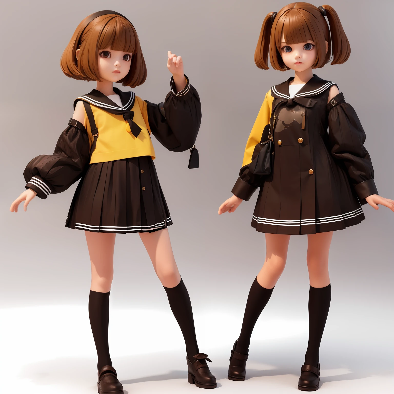 3D、figurine、Craydoll、full body Esbian、a very pretty girl、top-quality、light brown hair、Fluffy bob cut、skinny、校服、Sailor Uniform