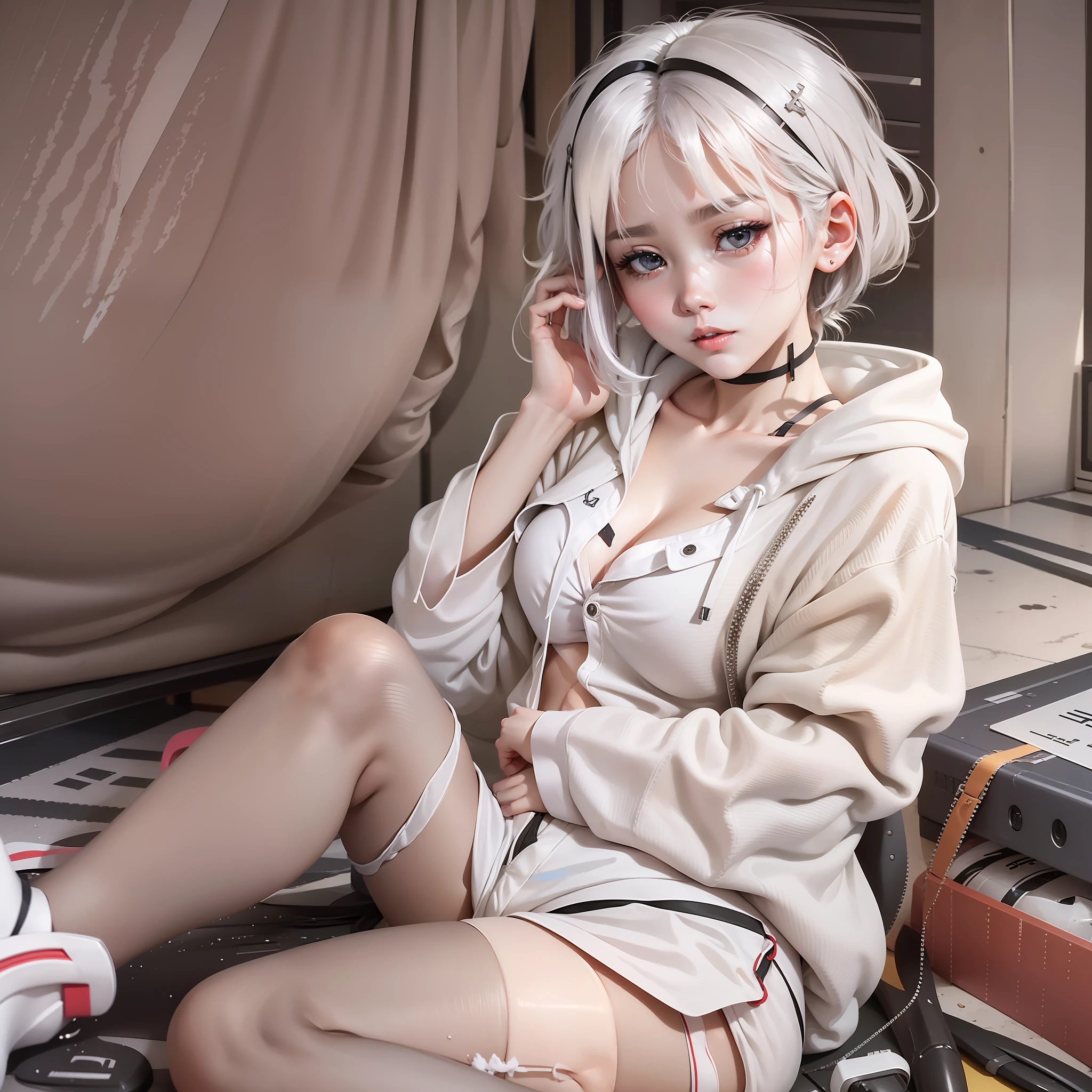 girl, beautiful, korean face, short shoulder length hair, white hair, wearing a white hoodie, shorts, sad face. sitting on the floor, realisctic 4k hd