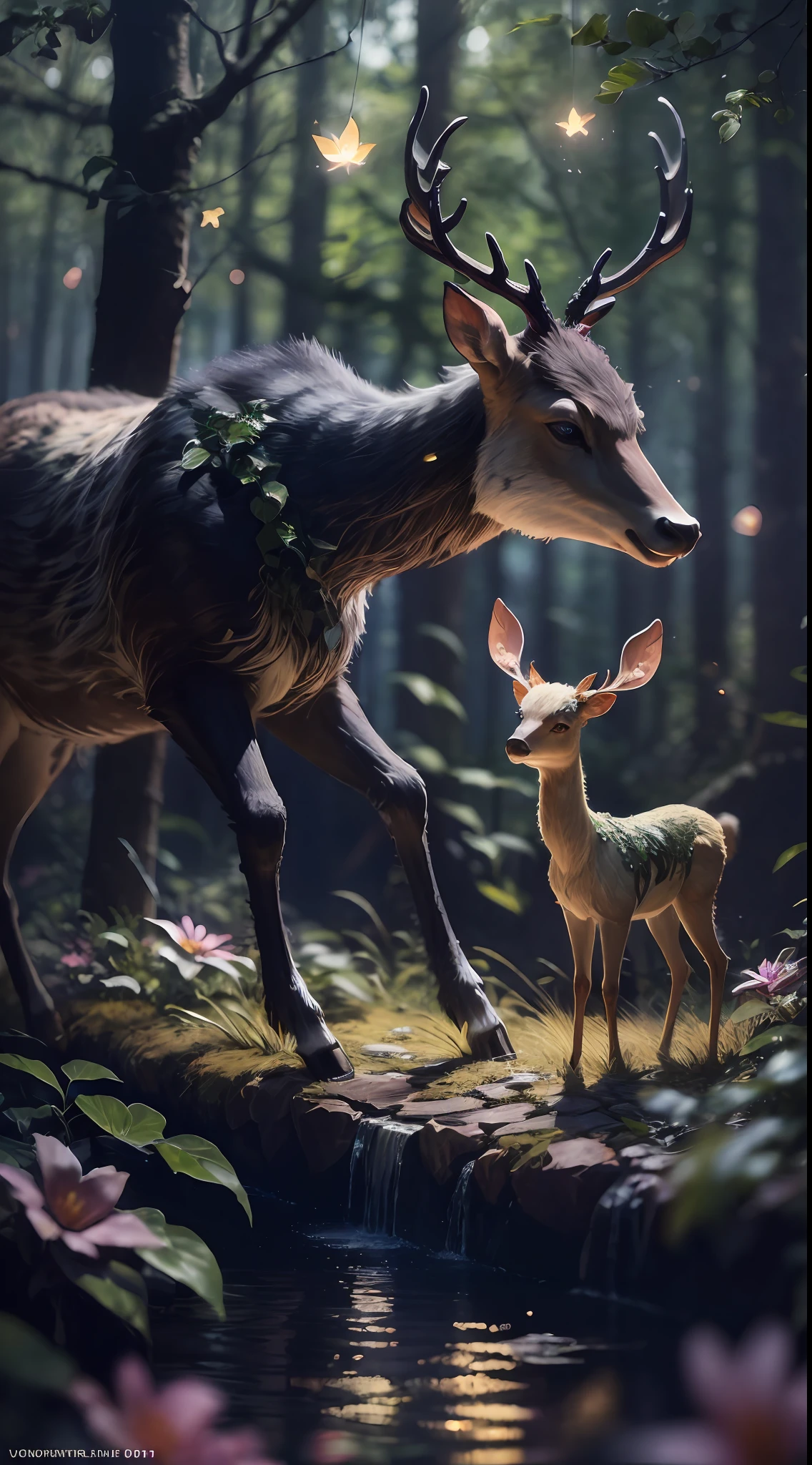 Masterpiece, best quality, (very detailed CG unified 8k wallpaper), (best quality), (best illustration), (best shadow), glowing elf with a glowing deer, drinking water in the pool, natural elements in forest theme. Mysterious forest, beautiful forest, nature, surrounded by flowers, delicate leaves and branches surrounded by fireflies (natural elements), (jungle theme), (leaves), (branches), (fireflies), (particle effects) and other 3D, Octane rendering, ray tracing, super detailed , deer --v6