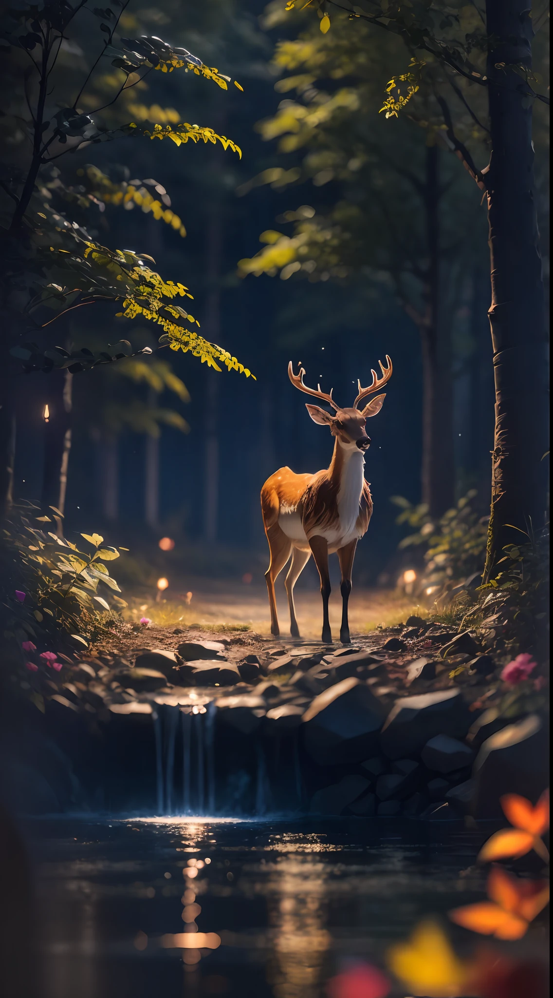 Masterpiece, best quality, (very detailed CG unified 8k wallpaper), (best quality), (best illustration), (best shadow), glowing elf with a glowing deer, drinking water in the pool, natural elements in forest theme. Mysterious forest, beautiful forest, nature, surrounded by flowers, delicate leaves and branches surrounded by fireflies (natural elements), (jungle theme), (leaves), (branches), (fireflies), (particle effects) and other 3D, Octane rendering, ray tracing, super detailed , deer --v6
