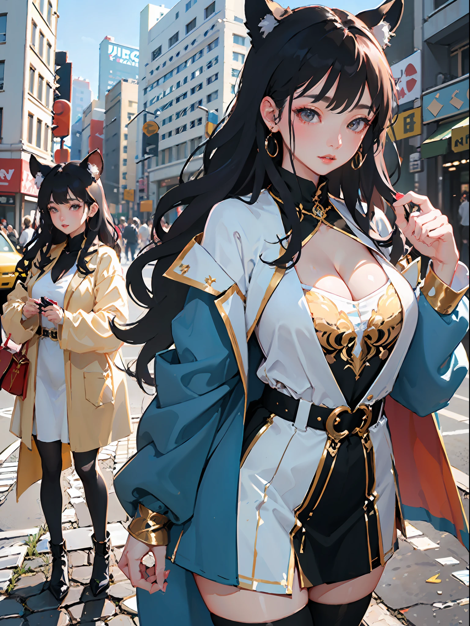 extremely detailed CG unity 8k wallpaper,(masterpiece),(best quality),(ultra detailed),(ultra realistic),(Best character details:1.36),nikon d750 f/1.4 55mm,dynamic angle,professional lighting, photon mapping, radiosity, physically-based rendering,
outdoors,busy street,looking at viewer,blush,
1girl,mature female,milf,tall body,golden proportions,(Kpop idol),(shiny skin:1.2),(oil skin:1.1),makeup,[:(high detailed face:1.2):0.2]:,PureErosFace_v1,
((wavy gray hair and a sophisticated sense of style)),(aegyo sal:1),(puffy eyes),(eyelashes:1.1),(parted lips:1.1),red lipstick,wide shoulders,(medium breasts:1.1),(cleavage:1.1),animal ears,(big ass:1.2),thighhighs,
 silk coat, song, song Dynasty, song clothing