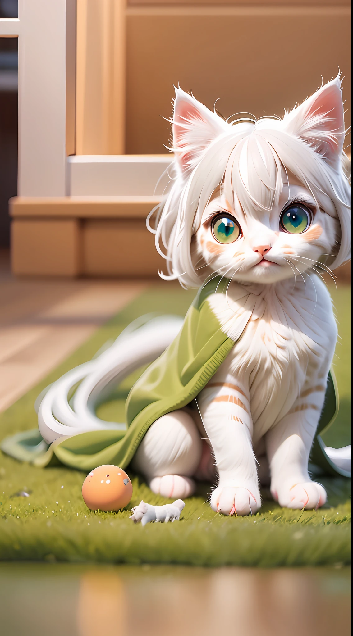 A white-haired kitten,adolable,spherical,cleanness,afloat,shaggy,Big eyes,Non-human,In the green one,Simple,ssmile,Funny,Morandi color system,looking to the right!!!,Turn right