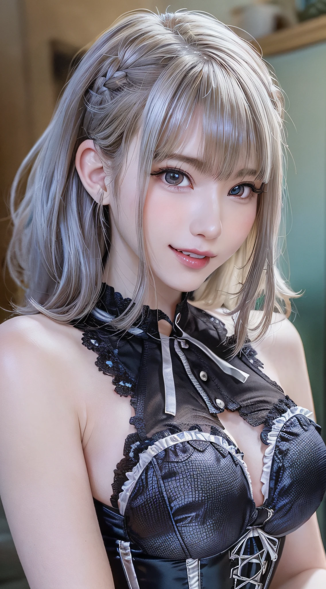 (Thin eyebrows)、((Very strong sunlight))、((((Beautiful silver hair))))、((small head))、(Beautiful silver hair with short wavy:1.2)、FULL BODYSHOT、(((8K, Raw photography)))、 (((The face is Enako of a cosplayer)))、(extremely delicate and beautiful)、(​masterpiece)、(top-quality:1.0)、(超A high resolution:1.0)、realistic shadow、[hight resolution]、 Detailed skin、ultra-detailliert、(Beautiful hair)、Photorealsitic、Lifelike face、big breasts thin waist、realisticeyes、Small eyes、(((between breasts)))、(eye liner)、(mascara)、 Lips with pink lips、((Very happy smile))、Show shoulders、Complex patterns and transparent materials、Artistic depiction of seductive women, Emphasizes her charming silhouette。The scene is、Basking in the hot sun、It makes you feel the delicate beauty and charm of nature。(((intricate detailes))、high détails、gargantilha、NSFW,((top-quality、8K、​masterpiece:1.3))、 (((Enameled black and silver corset)))、