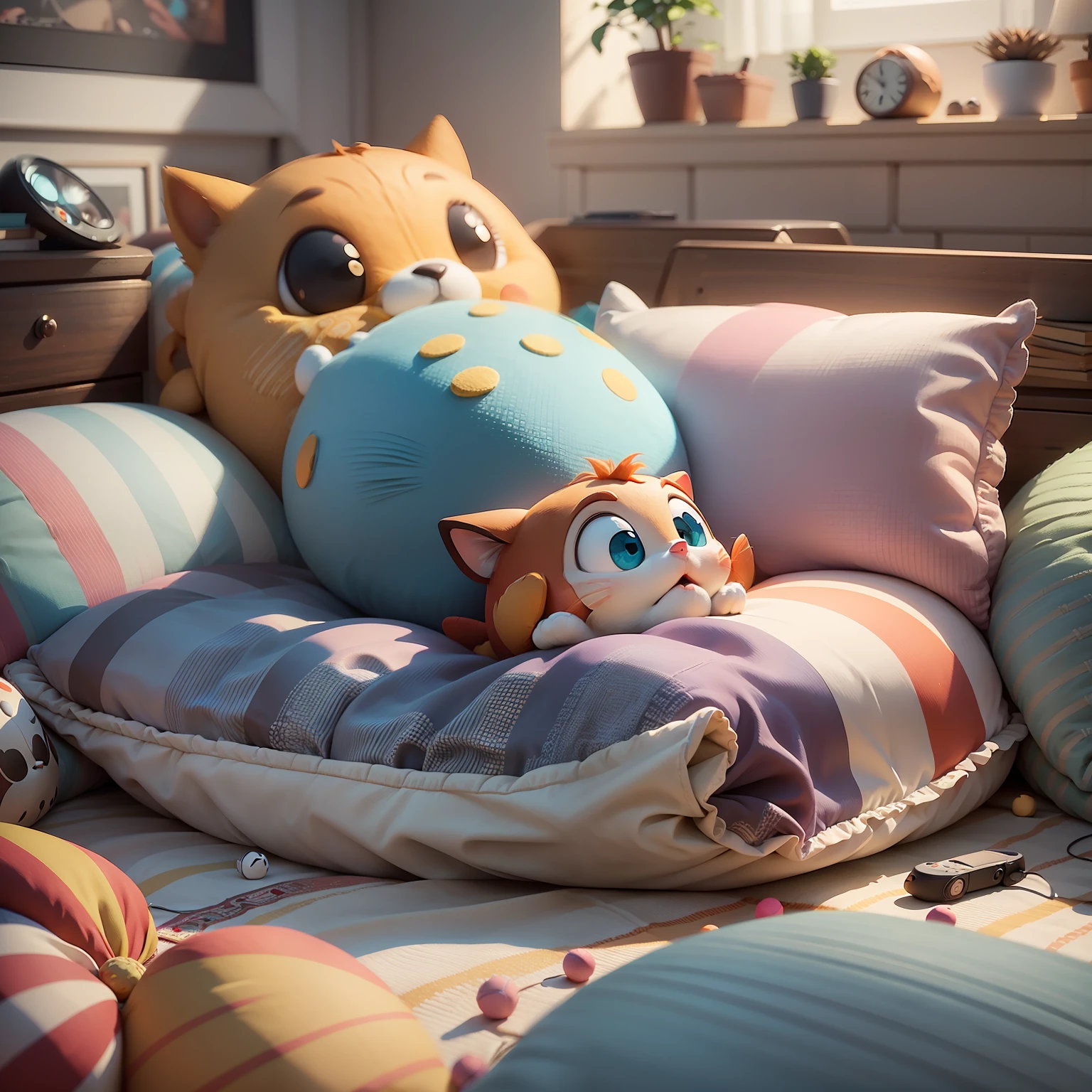 (Pixar style: 1.2), cute, 3D artwork, throw pillows, backrests, pillows, video games, light, blender, OC renderer, dribbling high detail 8k, studio lighting --auto --v 6 --s2