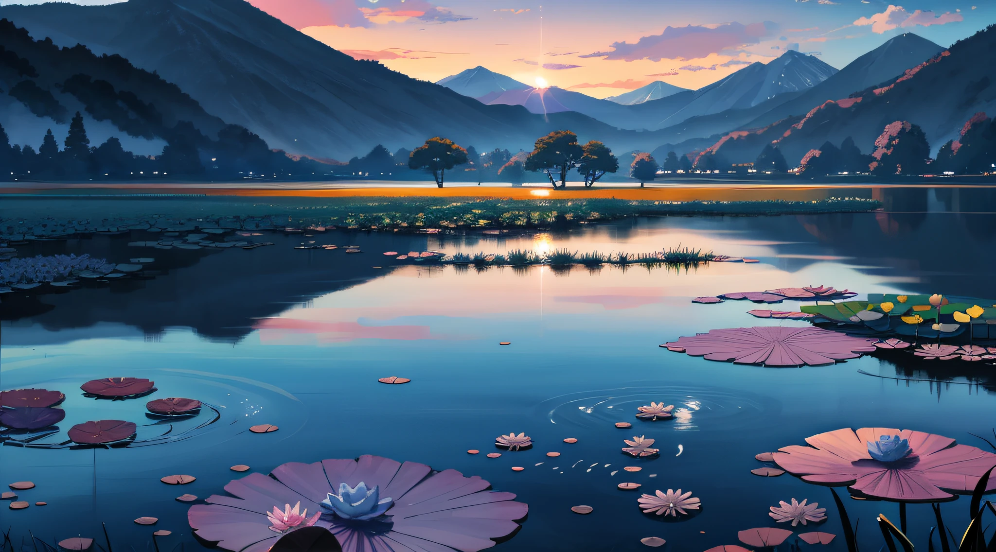 Lake painting with water lilies and mountains as background, anime beautiful peace scene, beautiful anime scenery, anime landscape wallpapers, ross tran. scenery background, Anime landscape, beautiful lake background, Detailed scenery —width 672, beautiful anime scenes, Anime Nature, beautiful digital painting, peaceful landscape, anime nature wallpap, Beautiful art UHD 4 K