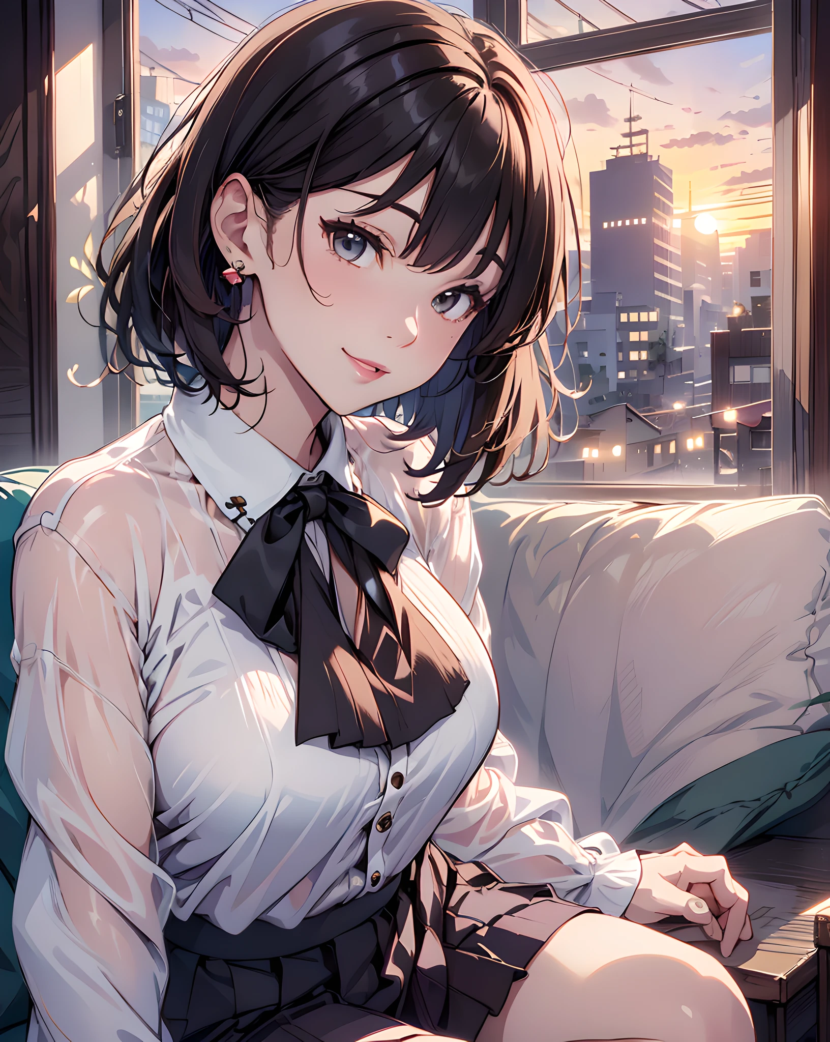 (((head out of frame,close-up lips))), (masterpiece, best quality:1.37), highres, ultra-detailed, ultra-sharp, BREAK, Korean office queen, (((1girl:1.37, solo))), (beautiful anime face, cute face, detailed face), (brown hair, thin hair, short hair, bangs, hime-cut), detailed beautiful cyan eyes, BREAK, ((detailed blouse:1.5)), (detailed short skirt:1.5), BREAK, lovely look, earing, detailed clothes), light smile, closed mouth, parted lips, pink lipstick, BREAK, ((sitting the couch, spread legs, hands between legs, leaning forward)), detailed human hands, HDTV:1.2, ((detailed sunset office room view background:1.3)), 8 life size, slender, anime style, anime style school girl, perfect anatomy, perfect proportion, inspiration from Kyoto animation and A-1 picture, late evening, excellent lighting, bright colors, clean lines, photorealistic