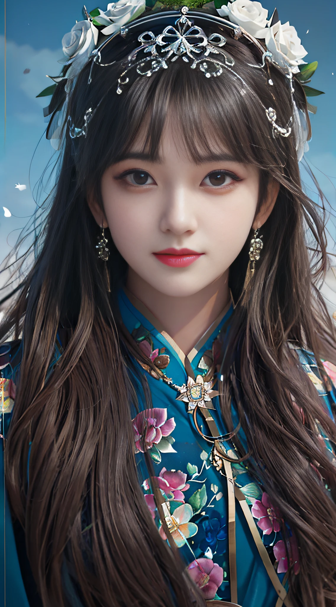 a close up of a woman wearing a blue dress and a flower crown, Guviz-style artwork, Guviz, Chinese girl, Palace ， A girl in Hanfu, detailed face of a asian girl, Realistic. Cheng Yi, Gorgeous digital painting, Beautiful digital artwork, Phlegm sputum, phlegm : : 5, Kawaii realistic portrait, inspired by Wu Bin