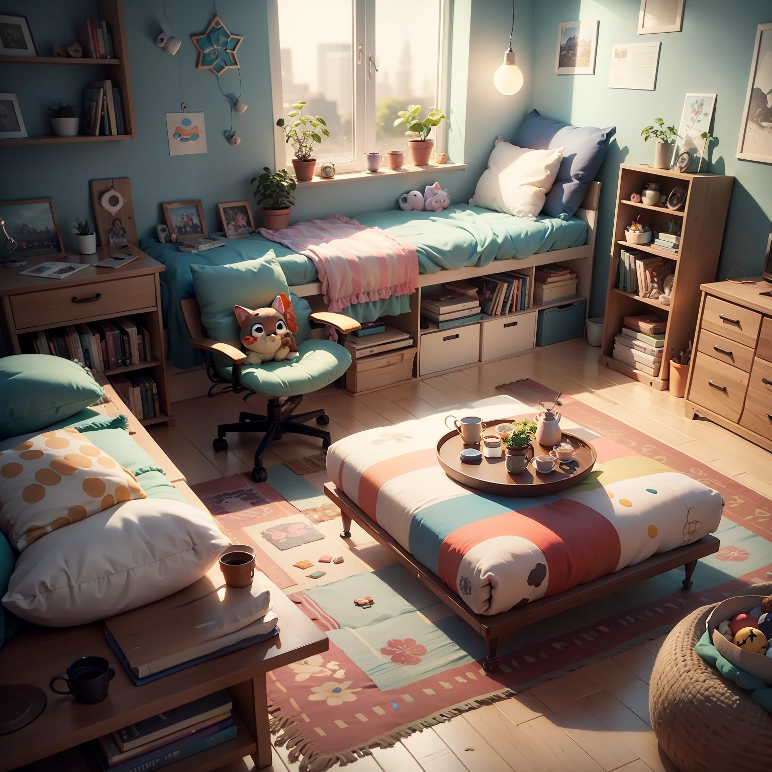 (Pixar style: 1.2), cute, 3D artwork, throw pillows, backrests, pillows, video games, light, blender, OC renderer, dribbling high detail 8k, studio lighting --auto --v 6 --s2