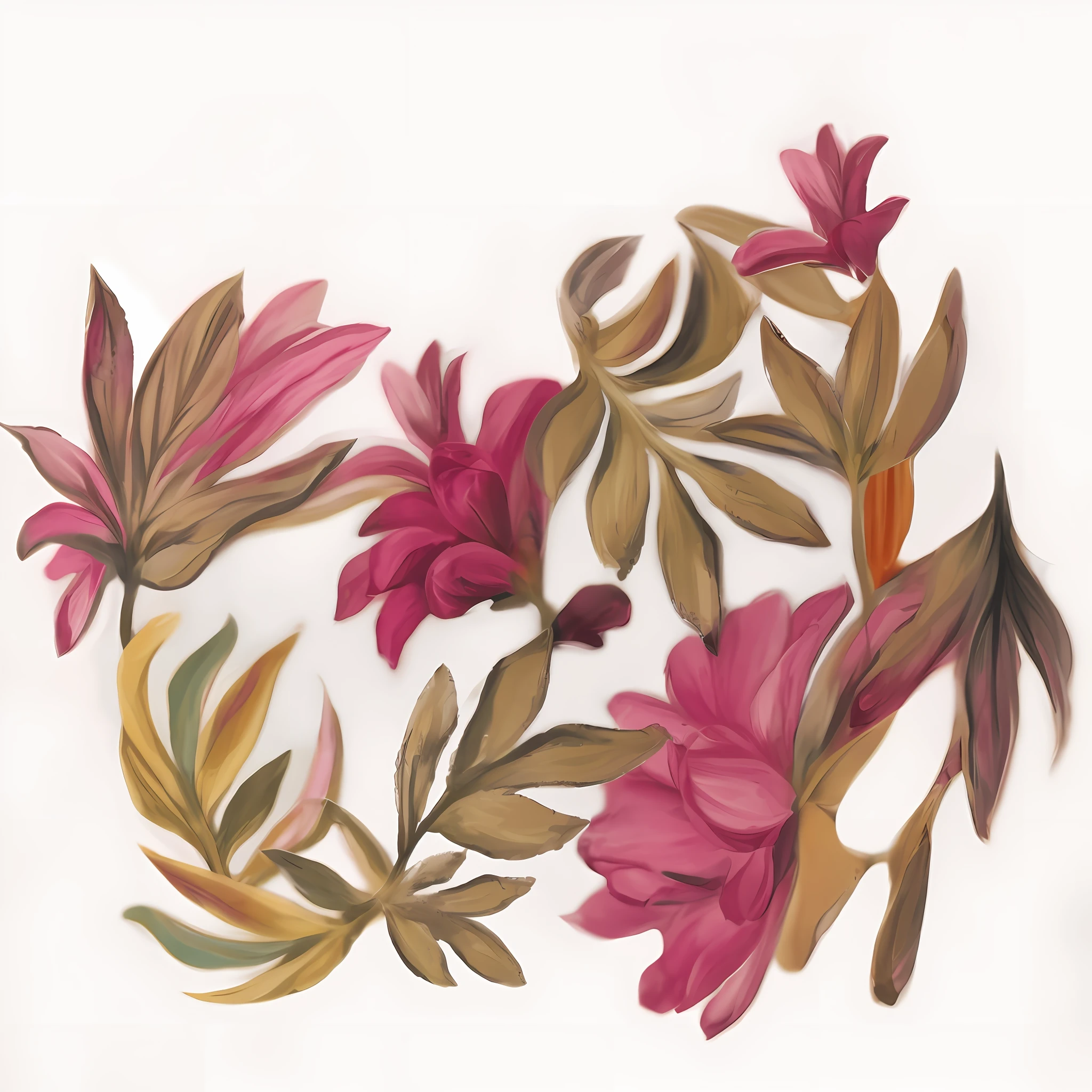 There are many different colored flowers on a white surface, flores e folhas de fantasia, flores rodopiantes, flora, pintura digital barroca, beautiful brush stroke rendering, pintado digital, flor, em estilo de pintura digital, pintura digital suave, uma pintura digital, motivos florais, pintado digitalmente, flores estilizadas, desenhado com photoshop, feito de flores e folhas, floral painted backdrop