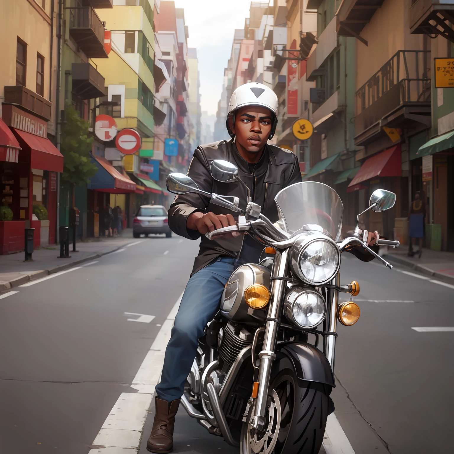 Black man on a motorcycle standing in the middle of the road looking at camera