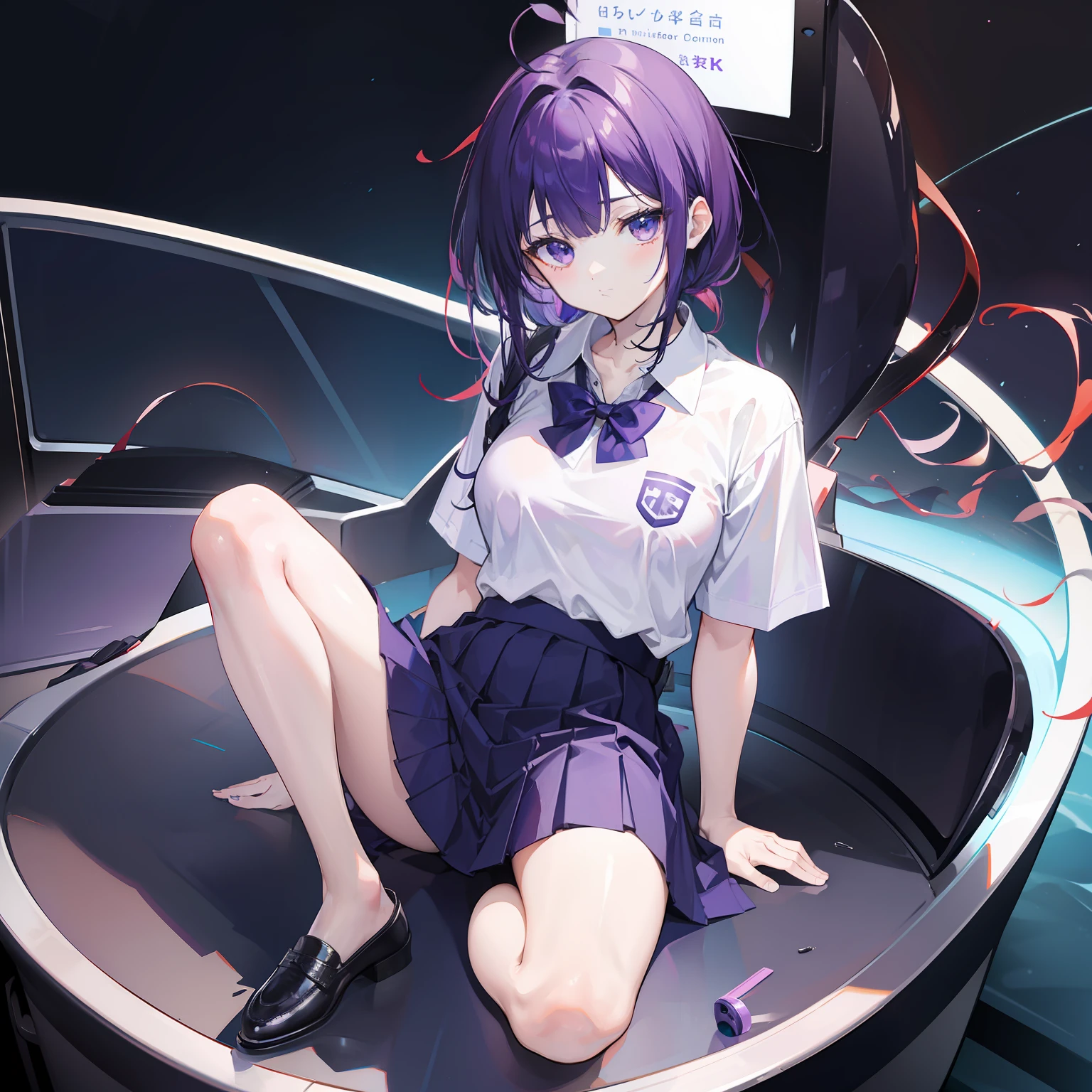 Purple hair、Navy blue polo shirt、White pleated skirt、Erase the shoes in front of you