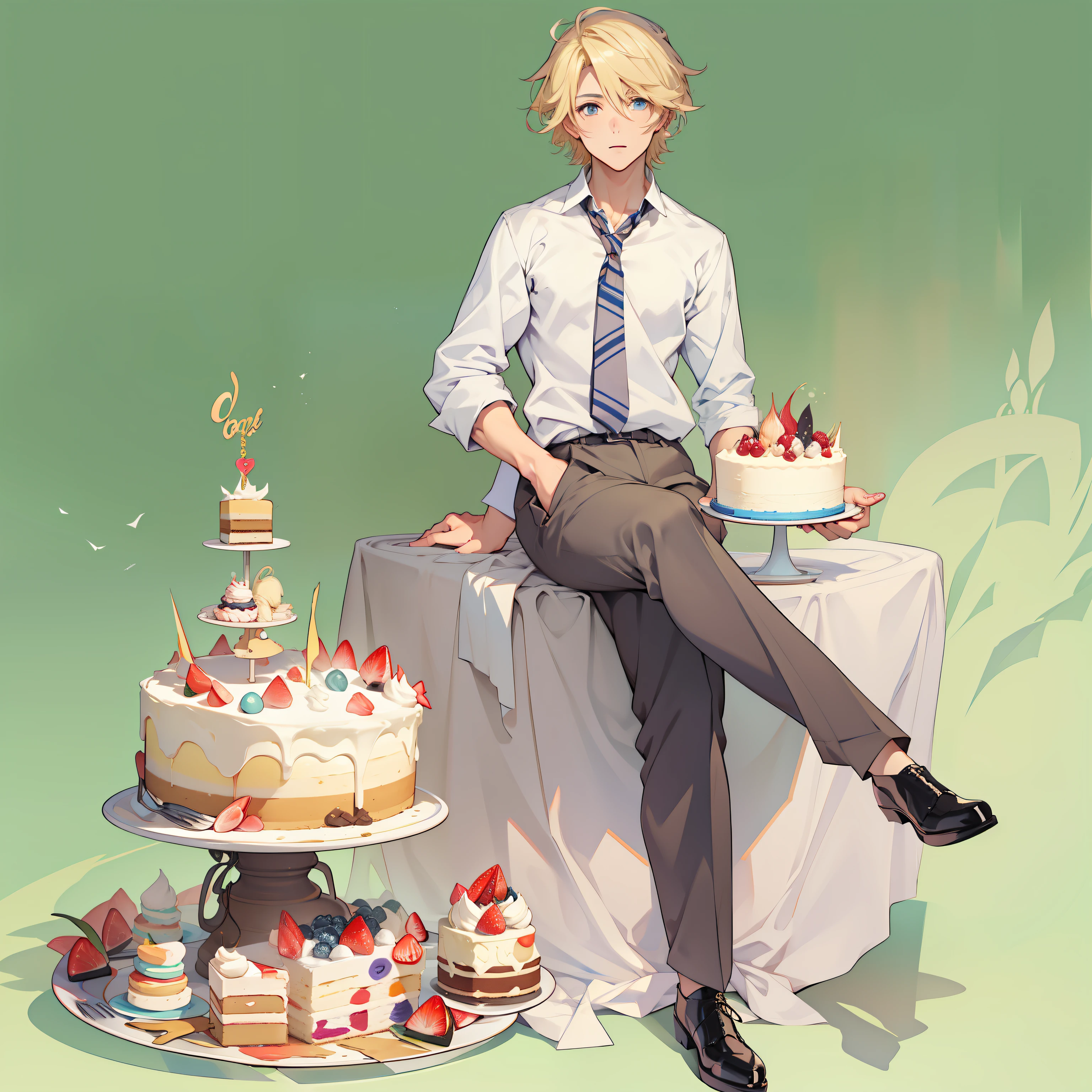 male people、patissier、a cake、soio、a blond、full body、hightquality、masterpiece、animesque、full bodyesbian、Up to the feet、single body