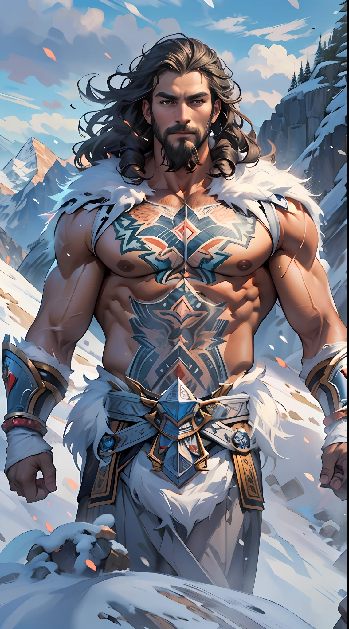 Mighty warrior, shirtless upper body, legs exposed from thighs to feet, adorned with beaded facial hair, cascading long curls, detailed muscular physique, lifelike depiction, 4K resolution. Background: Snow-covered mountain peak,32k uhd, best quality, masterpiece, super detail, high details