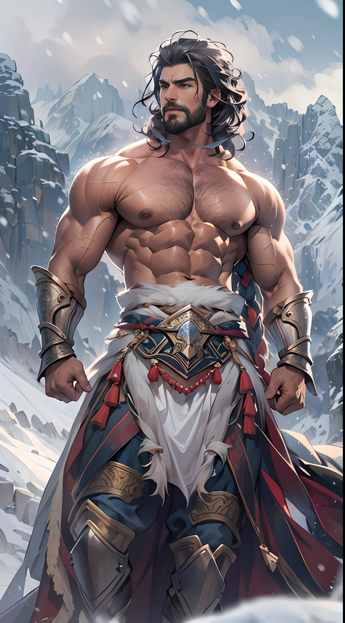 Mighty warrior, shirtless upper body, legs exposed from thighs to feet, adorned with beaded facial hair, cascading long curls, detailed muscular physique, lifelike depiction, 4K resolution. Background: Snow-covered mountain peak,32k uhd, best quality, masterpiece, super detail, high details