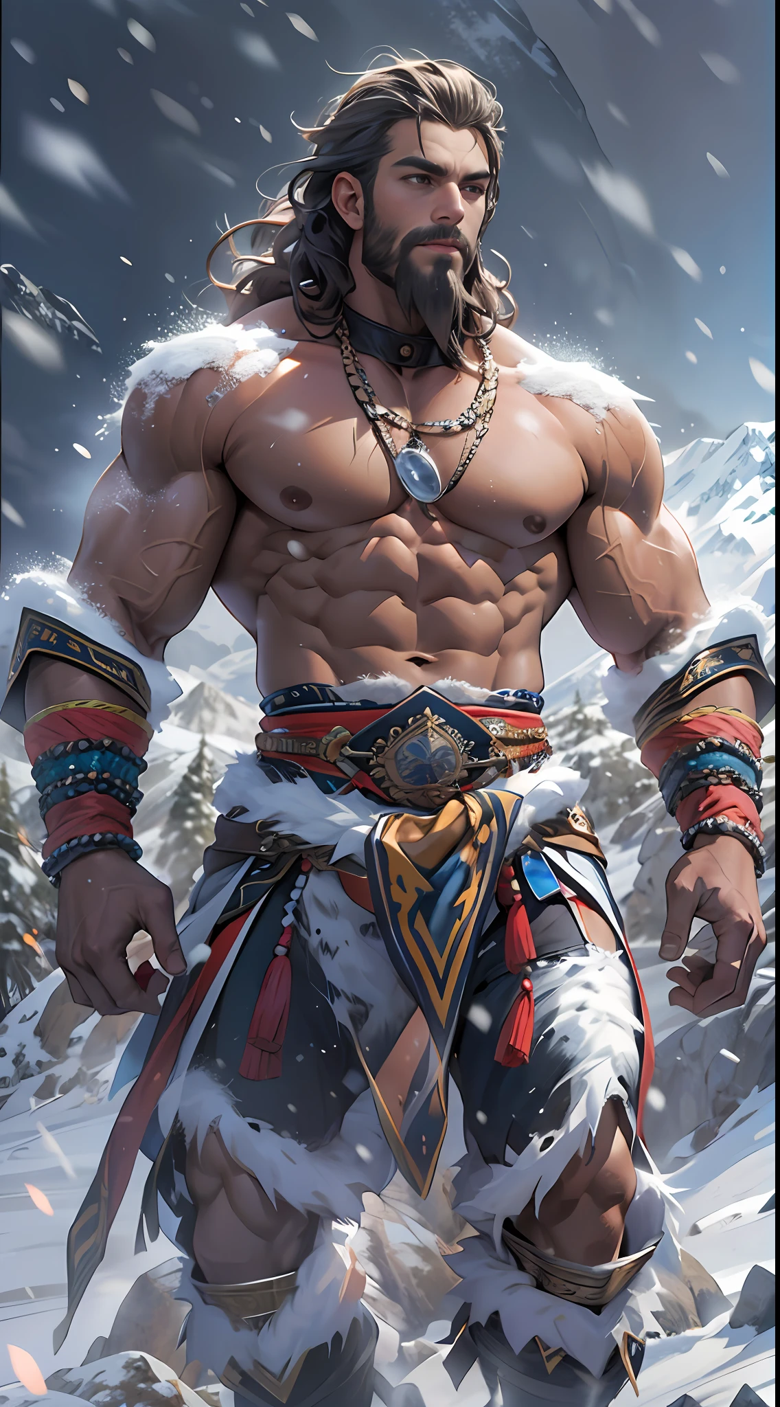 Mighty warrior, shirtless upper body, legs exposed from thighs to feet, adorned with beaded facial hair, cascading long curls, detailed muscular physique, lifelike depiction, 4K resolution. Background: Snow-covered mountain peak,32k uhd, best quality, masterpiece, super detail, high details