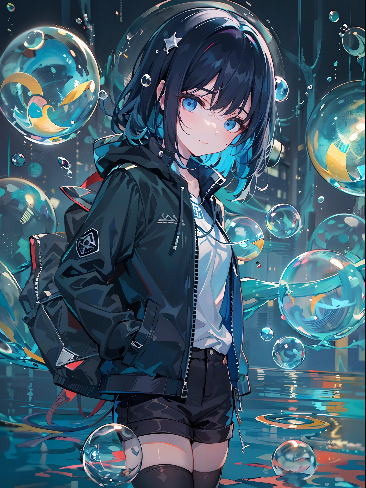 ((top-quality)), ((​masterpiece)), ((ultra-detailliert)), (extremely delicate and beautiful), girl with, 独奏, cold attitude,((Black jacket)),She is very(relax)with  the(Settled down)Looks,A dark-haired, depth of fields,evil smile,Bubble, under the water, Air bubble,bright light blue eyes,Inner color with black hair and light blue tips,Cold background,Bob Hair - Linear Art, shortpants、knee high socks、Camisole inner shirt、Hands in pockets