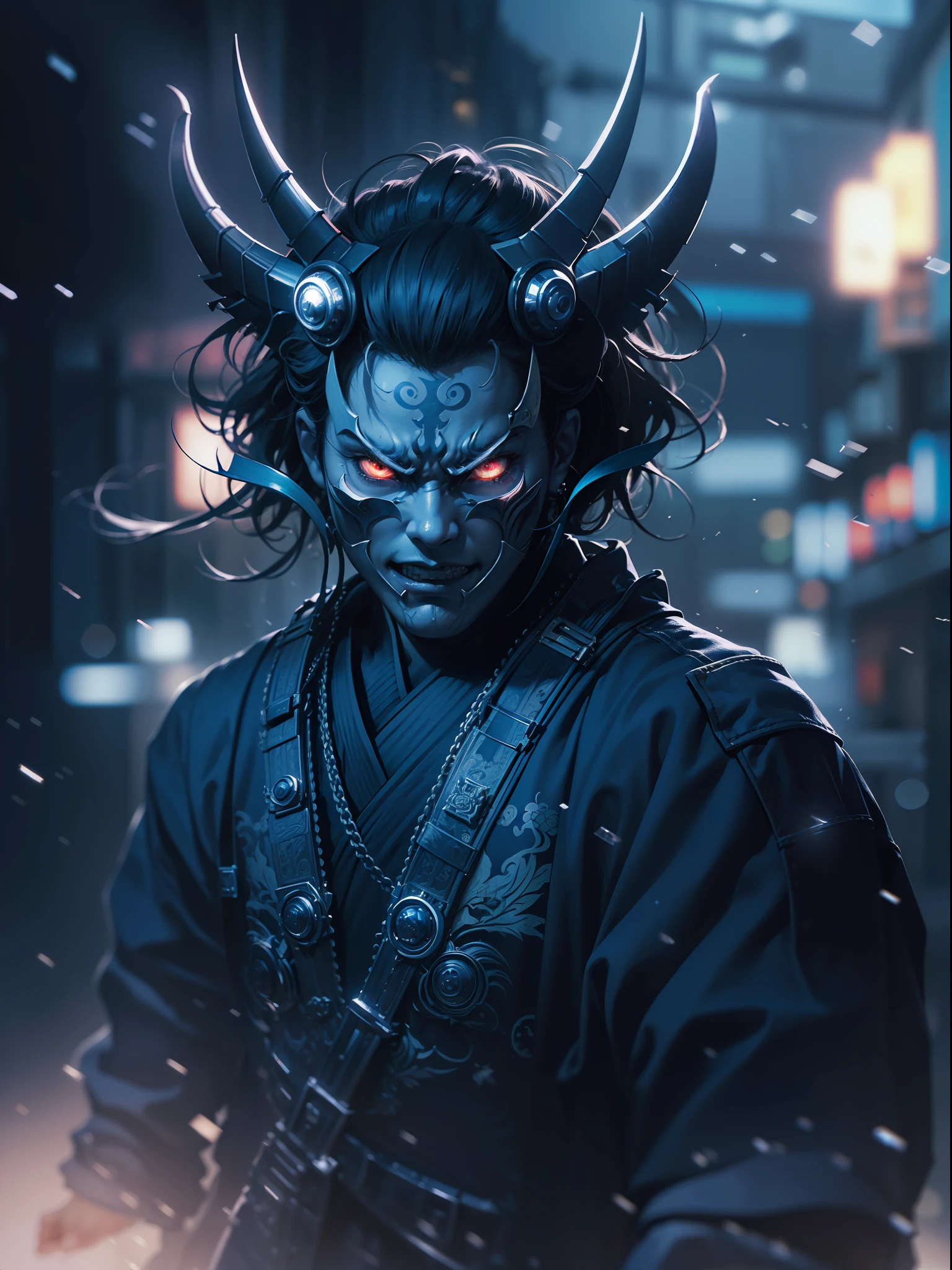 (((Masterpiece))),(((Best quality))),(((Amazing detail))),((illustration)),((A high resolution)),((8K)),Hannya mask,cold tone,cool,Blue Ambiance,jump,function style,dark style,dark fantasy,angry,realistic,midnight,chiaroscuro,bokeh,cyberpunk,Japanese,samurai,intricate pattern