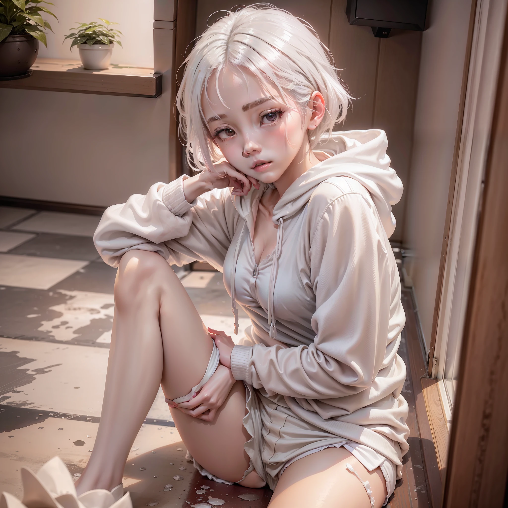 girl, beautiful, korean face, short shoulder length hair, white hair, wearing a white hoodie, shorts, sad face. sitting on the floor, realisctic 4k hd