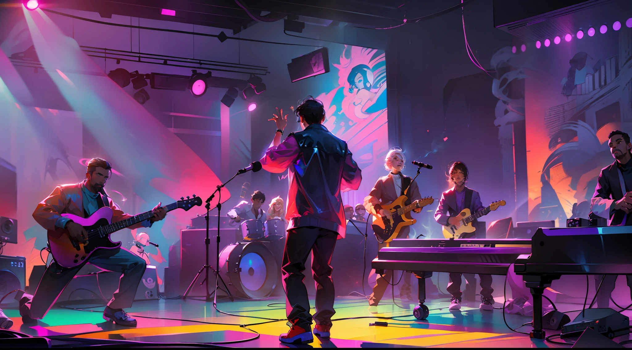 An electronic rhythm and blues band is making an outstanding show for their fans in a nightclub, with glowing lights e some smoke around