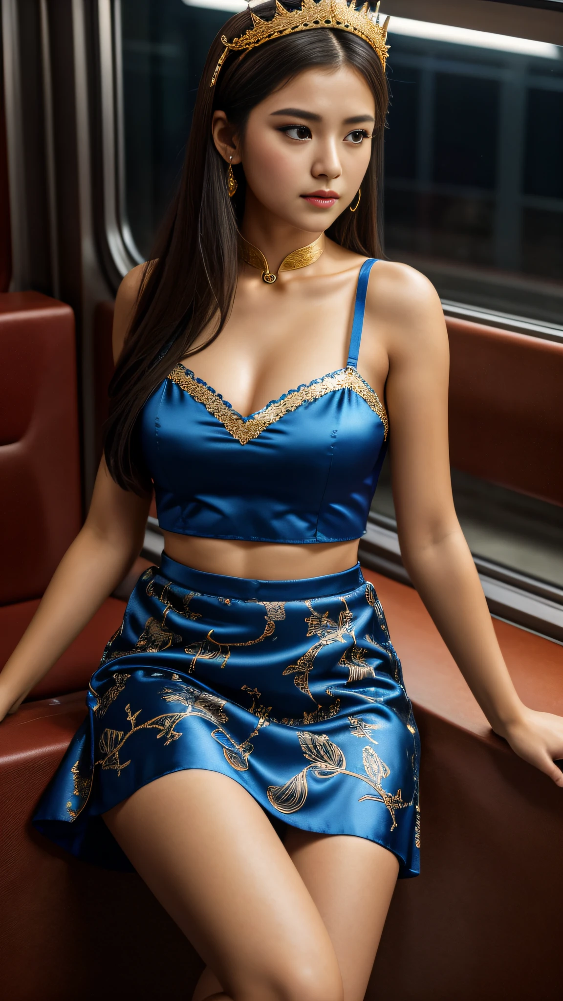 （tmasterpiece，k hd，hyper HD，16k）brunette color hair， girl，Multi-layer gauze skirt，Blue and white embroidered chicken crown gold inlaid hairpin，Rouge makeup，Cherry mouth，Focus on the neckline，Soft hair like slippery silk，Sparkling，Almost reluctant to look away，She wears suspenders！Imagine that，She just wore a cheongsam to shop in the bustling Sanlitun，One can't help but want to take a closer look。Take a closer look, desi，Her belly pocket is quite stylish，The skirt flutters in the wind，It's like adding a touch of energy to the whole street，Crocodile skin train，A sneak peek angle，（From the angle below），Sit in a seat with a fish pattern on the train，sitting in front，Zoom camera，head portrait，Head down and sleepy-eyed，Look at the ground， best qualtiy， hyper HD， （realisticlying：1.4），， A high resolution， the detail， RAW photogr， Sharp Re， Nikon D850 Film Stock Photo by Jefferies Lee 4 Kodak Portra 400 Camera F1.6 shots, Rich colors, ultra-realistic vivid textures, Dramatic lighting, Unreal Engine Art Station Trend, cinestir 800，