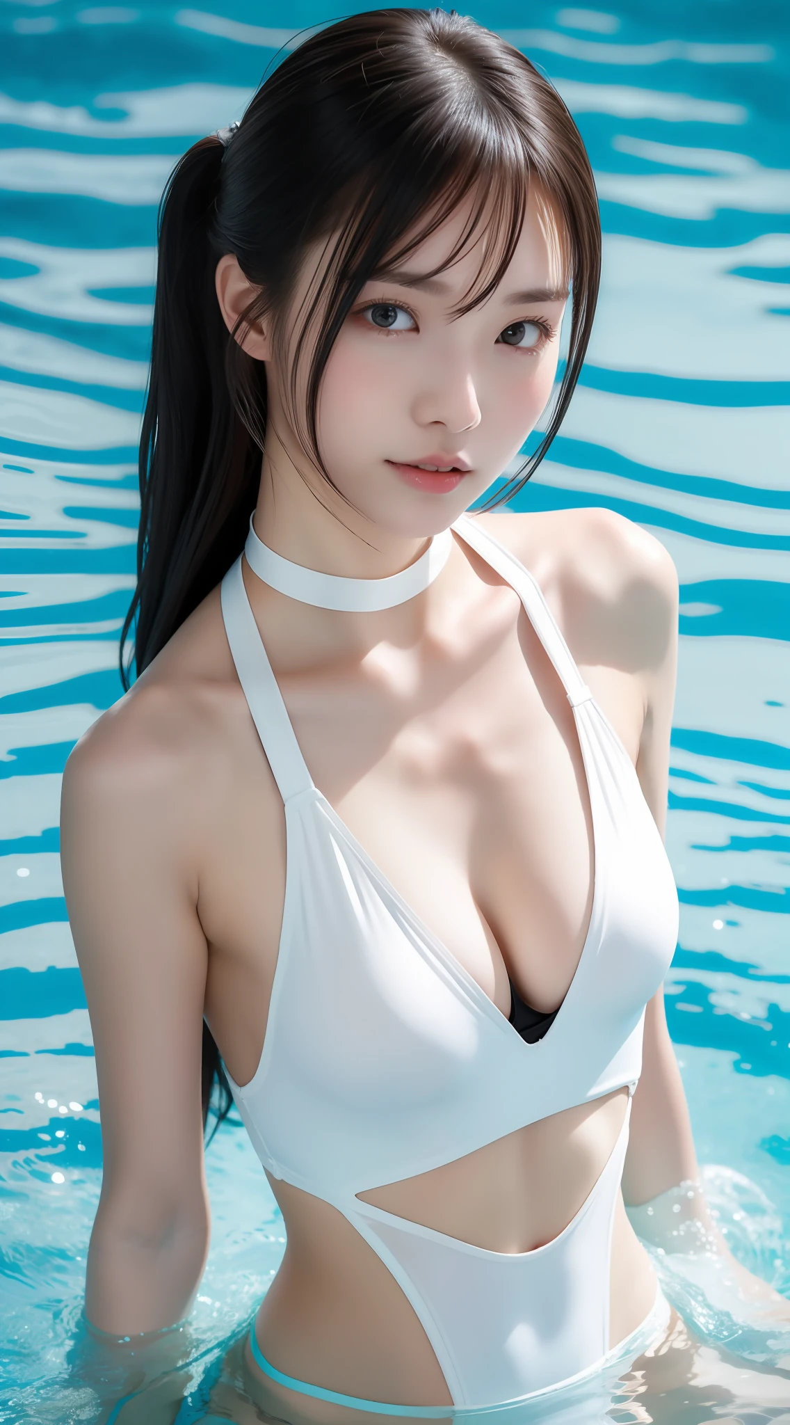 perfect figure beautiful woman：1.4，Layered Hair Style，Protruding cleavage：1.1，swim wears：1.5，Highly Detailed Face and Skin Textur，二重まぶた，Whiten the skin，long whitr hair，playing water，Collar