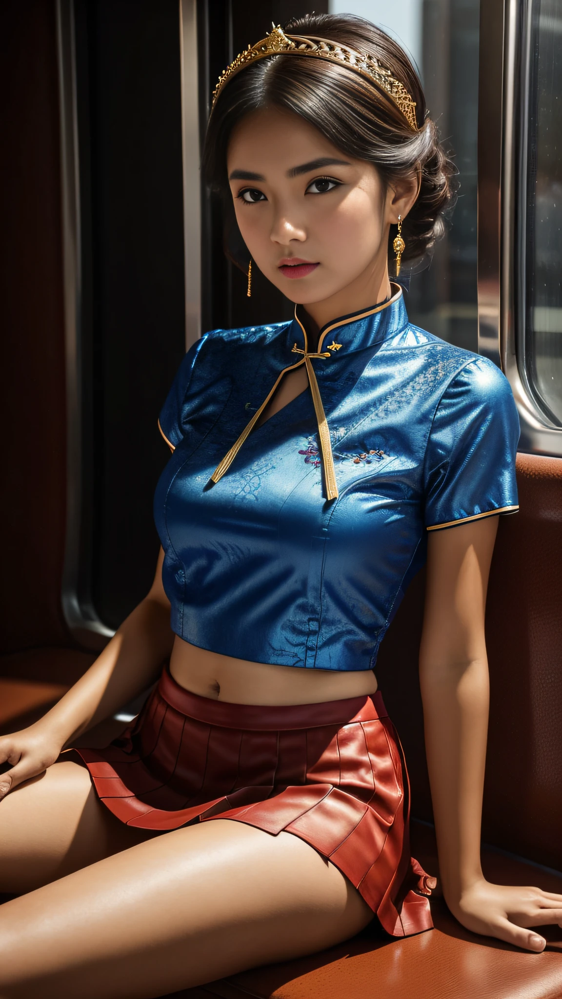 （tmasterpiece，k hd，hyper HD，16k）brunette color hair，15 year old girl，Multi-layer gauze skirt，Blue and white embroidered chicken crown gold inlaid hairpin，Rouge makeup，Cherry mouth，Focus on the neckline，Soft hair like slippery silk，Sparkling，Almost reluctant to look away，She wears suspenders！Imagine that，She just wore a cheongsam to shop in the bustling Sanlitun，One can't help but want to take a closer look。Take a closer look, desi，Her belly pocket is quite stylish，The skirt flutters in the wind，It's like adding a touch of energy to the whole street，Crocodile skin train，A sneak peek angle，（From the angle below），Sit in a seat with a fish pattern on the train，sitting in front，Zoom camera，head portrait，Head down and sleepy-eyed，Look at the ground， best qualtiy， hyper HD， （realisticlying：1.4），， A high resolution， the detail， RAW photogr， Sharp Re， Nikon D850 Film Stock Photo by Jefferies Lee 4 Kodak Portra 400 Camera F1.6 shots, Rich colors, ultra-realistic vivid textures, Dramatic lighting, Unreal Engine Art Station Trend, cinestir 800，
