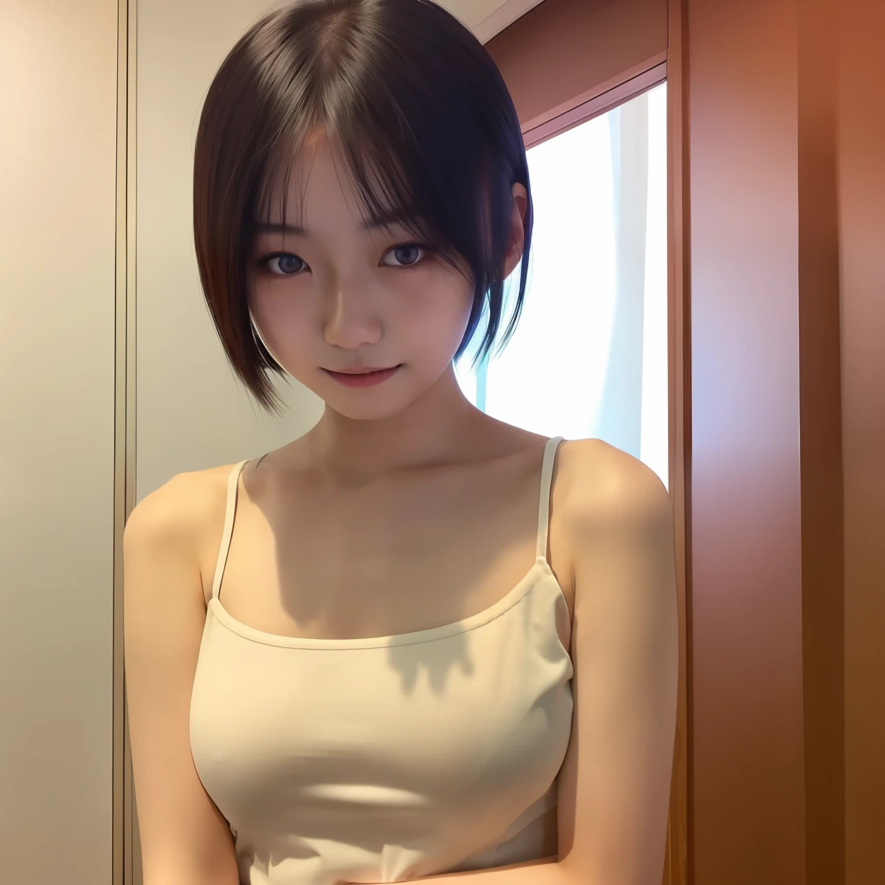 1girl, chinese girl, 21 years old, solo, behind arms, 3/4 shot, young sexy gravure idol, young beautiful gravure idol, reality, best quality, instgram, bare shoulders, white shirt, short hair