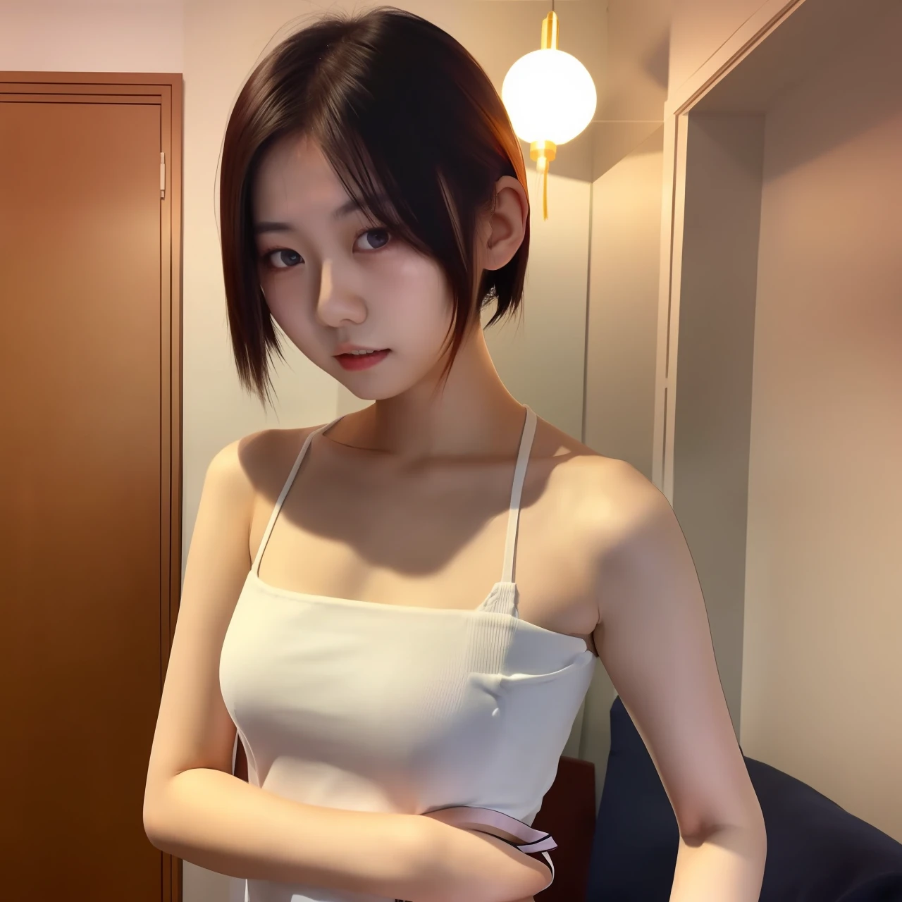 1girl, chinese girl, 21 years old, solo, behind arms, 3/4 shot, young sexy gravure idol, young beautiful gravure idol, reality, best quality, instgram, bare shoulders, white shirt, short hair