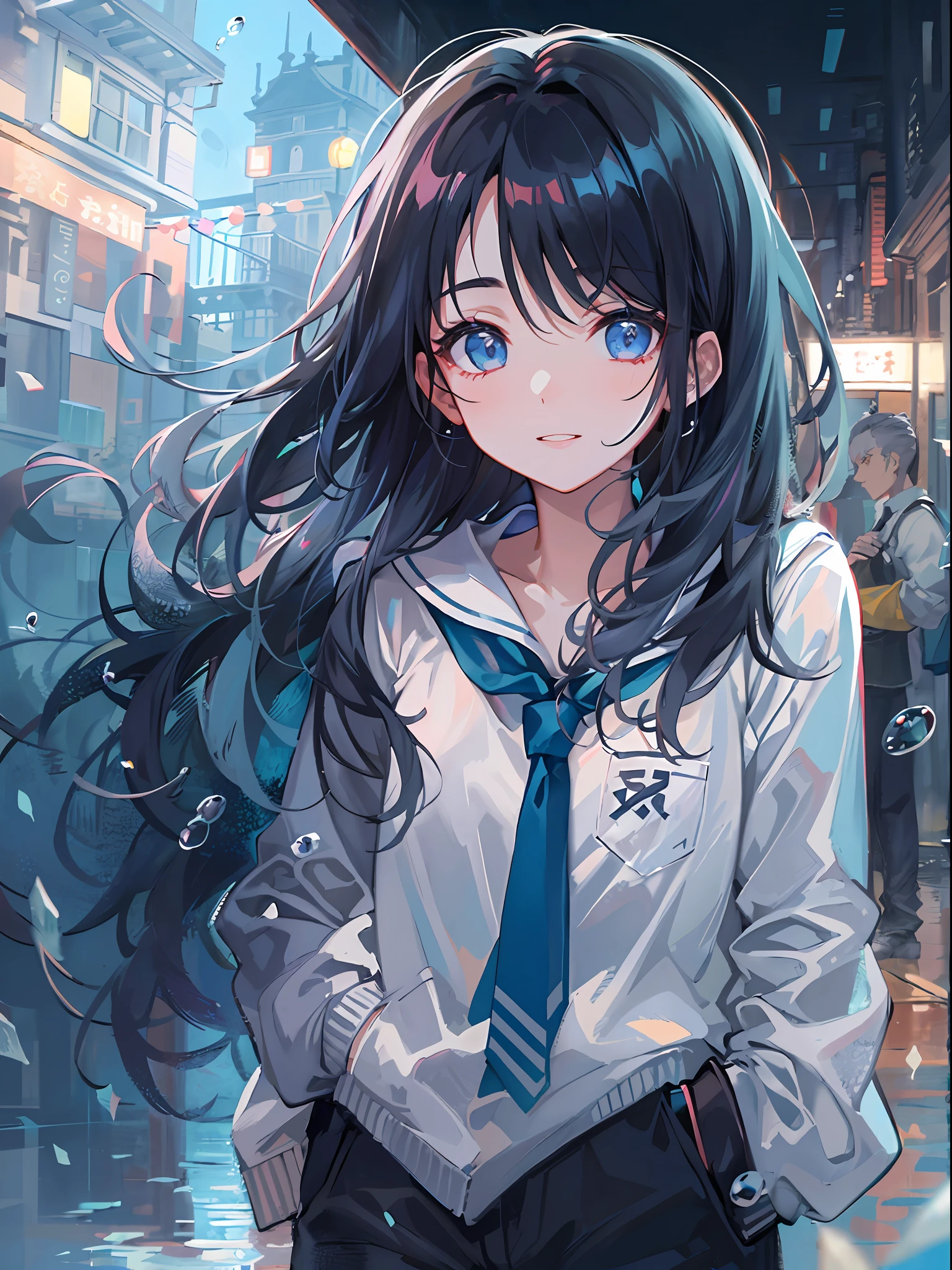 ((top-quality)), ((​masterpiece)), ((ultra-detailliert)), (extremely delicate and beautiful), girl with, 独奏, cold attitude,((Black jacket)),She is very(relax)with  the(Settled down)Looks,A dark-haired, depth of fields,evil smile,Bubble, under the water, Air bubble,bright light blue eyes,Inner color with black hair and light blue tips,Cold background,Bob Hair - Linear Art, shortpants、knee high socks、White uniform like school uniform、Light blue ribbon ties、Clothes are sheer、Hands in pockets