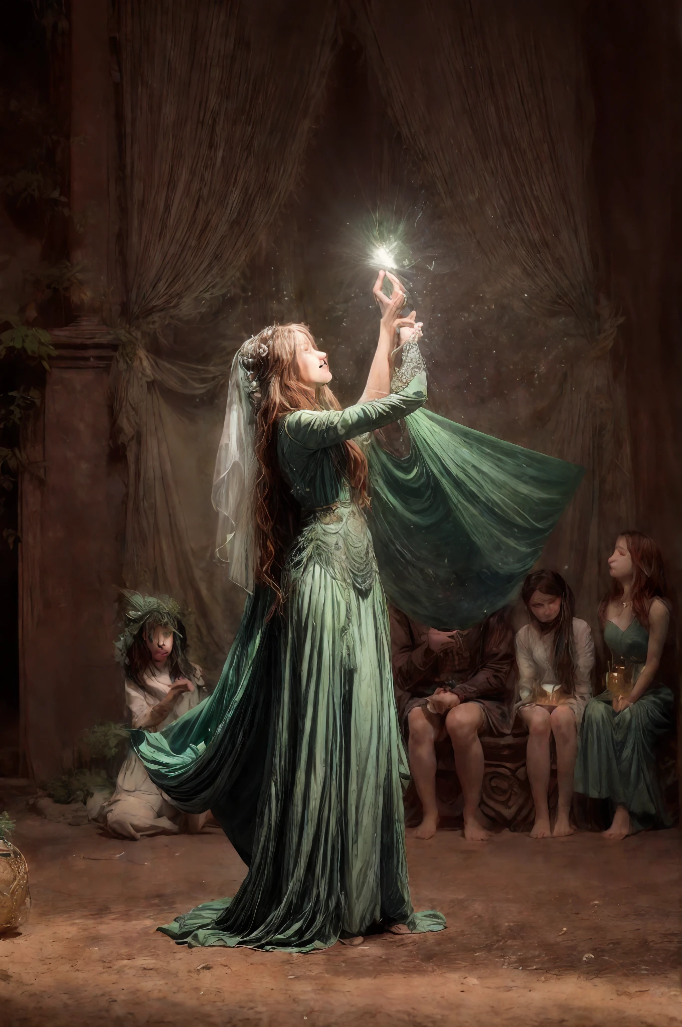 arafed woman in a green dress holding a white and brown object, female mage conjuring a spell, a sorceress casting a ice ball, fantasy character photo, the sorceress casting a fireball, maya ali as a d&d sorcerer, forest elf bard playing lute, an arcane wizard casting a spell