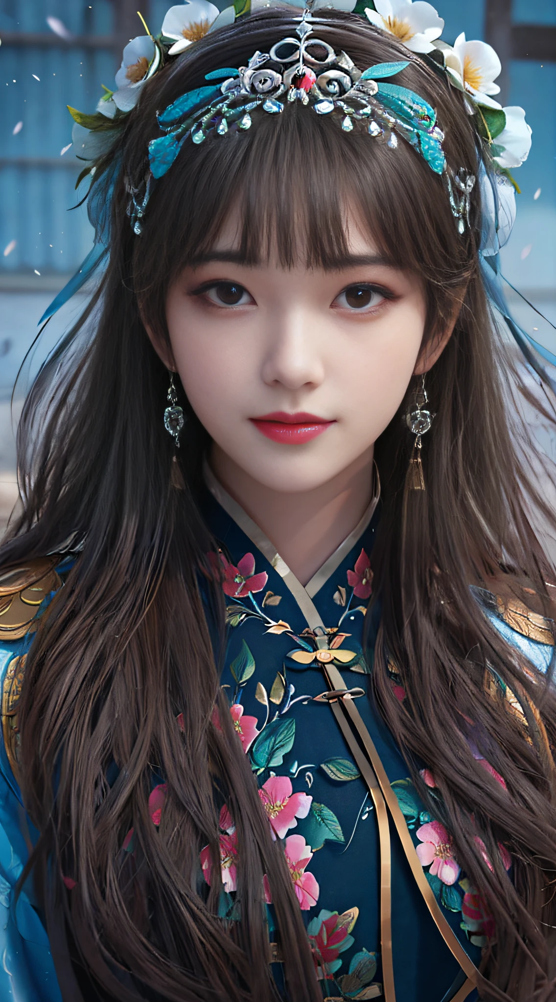 a close up of a woman wearing a blue dress and a flower crown, Guviz-style artwork, Guviz, Chinese girl, Palace , A girl in Hanfu, detailed face of a asian girl, Realistic. Cheng Yi, Gorgeous digital painting, Beautiful digital artwork, Phlegm sputum, phlegm : : 5, Kawaii realistic portrait, inspired by Wu Bin