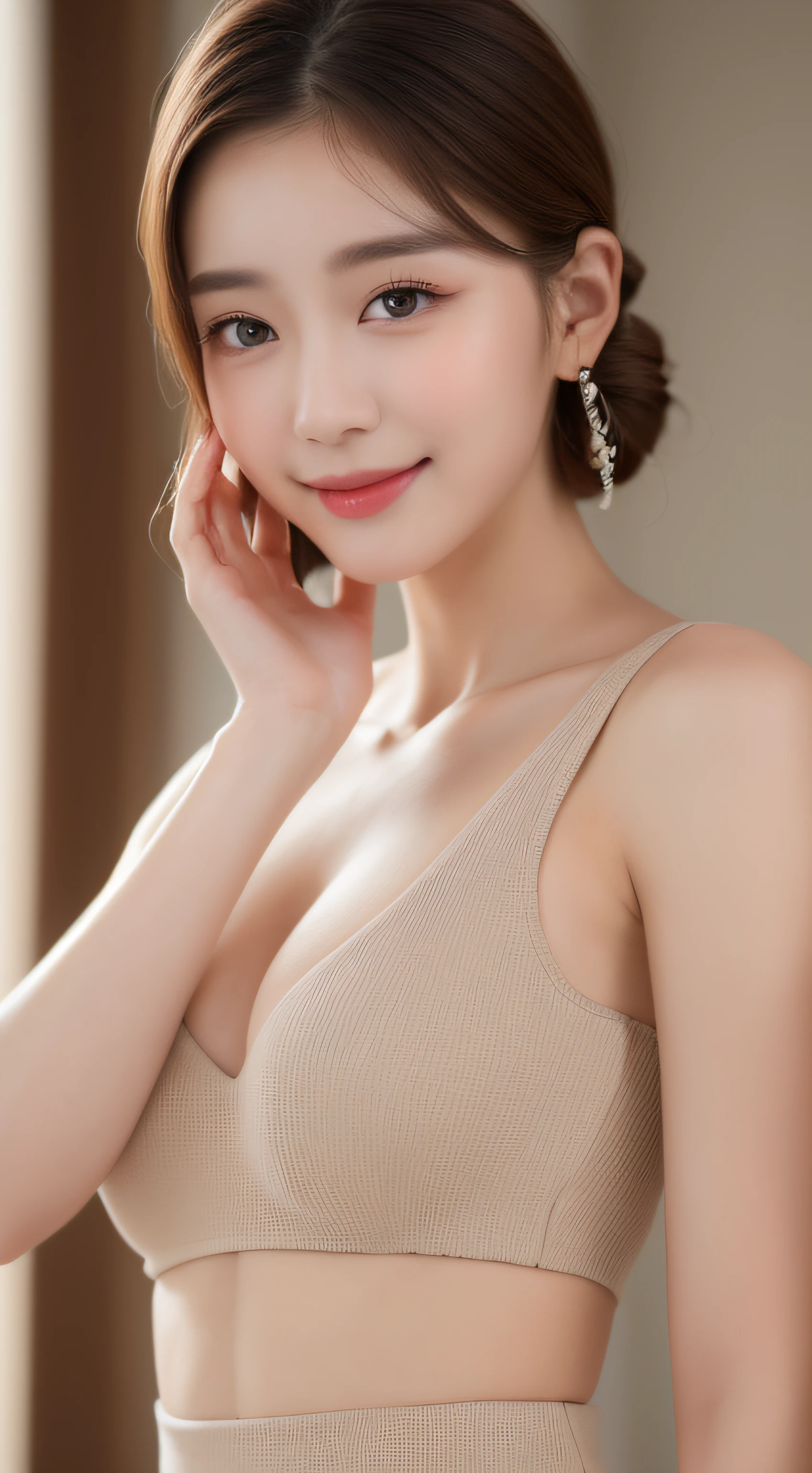 ((Best Quality, 8K, Masterpiece: 1.3)), 1girl, Slim Abs Beauty: 1.3, (Hairstyle Casual, : 1.2), Dress: 1.1, Super Fine Face, Delicate Eyes, Double Eyelids, Smile, Home
