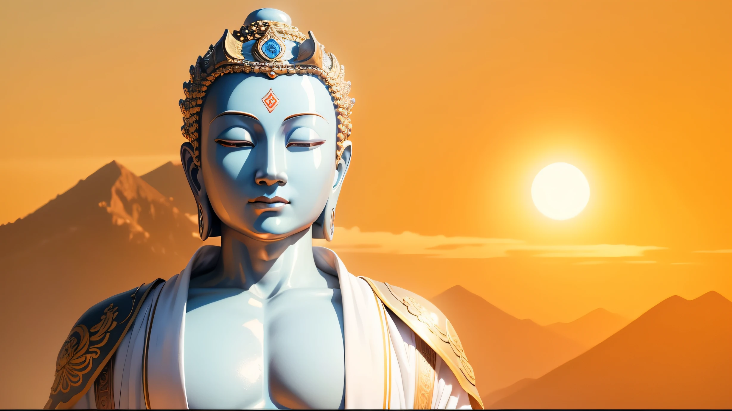 Take the distant mountains、Close-up of humans in the background of the rising sun, a Buddhist Buddha, Buddhism, Buddha, Buddhist, Beautiful image, samsara, personal profile picture, Zen, enlightening, 4 0 9 6, buddhist art, dharma artifacts, Avatar image, attractive male deity, Zen meditation, Peaceful, leaked image, On the road to enlightenment, Karma for tomorrow。Bronzed skin,Bronzed facial skin,Facial fullness, peaceful expression,Realphotos,8K quality,hyper HD,Background early morning sun,with blue sky and white clouds,Draped in Buddhist robes