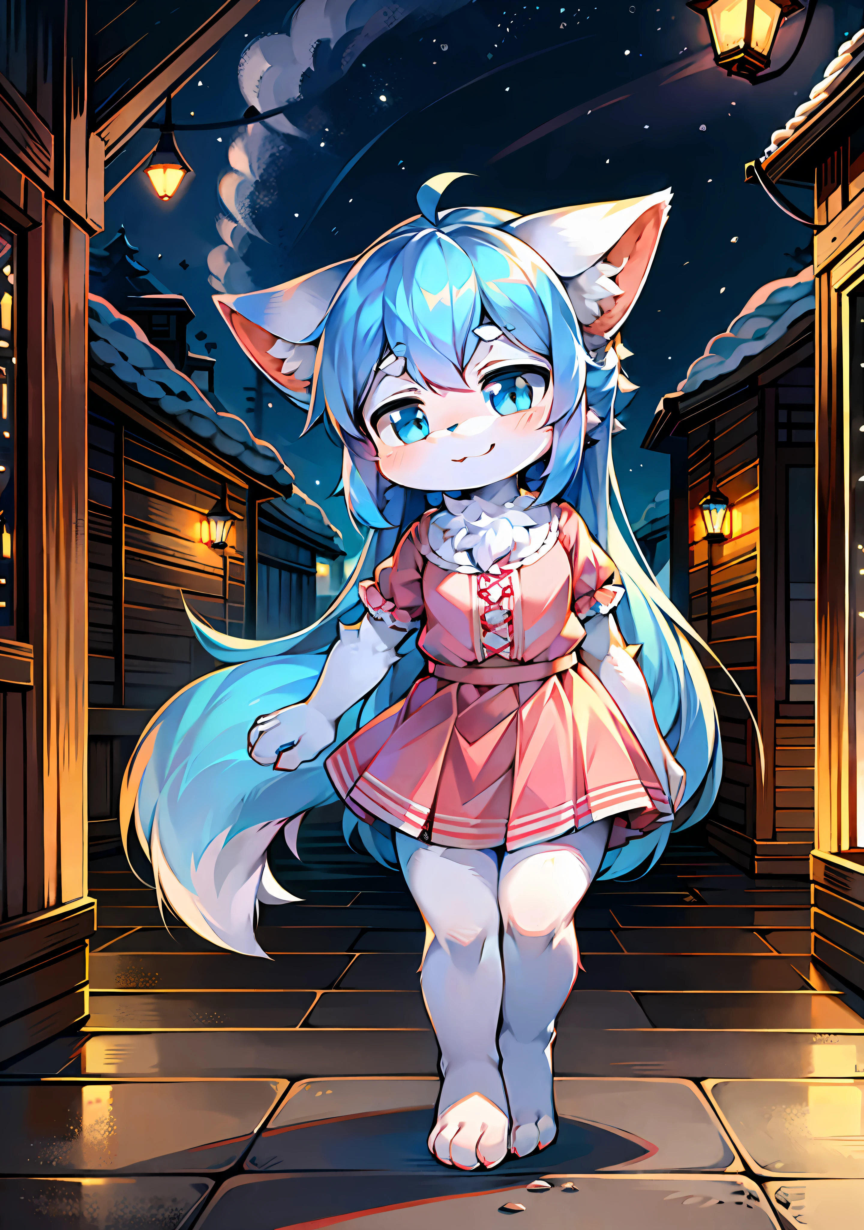 Enhance background details(0.7),hairy pubic,Furry little girl,Fluffy tail,blue color eyes,Emphasis on white fur,Delicate fur,Cute toddler,Short pink skirt,Young,Ultra-fine fur,Petite and cute emphasis,Detailed characters,A smile on his face(1.2)Protruding paws,Enhance long-haired animals(1.2),the night,borgar(1.1)。